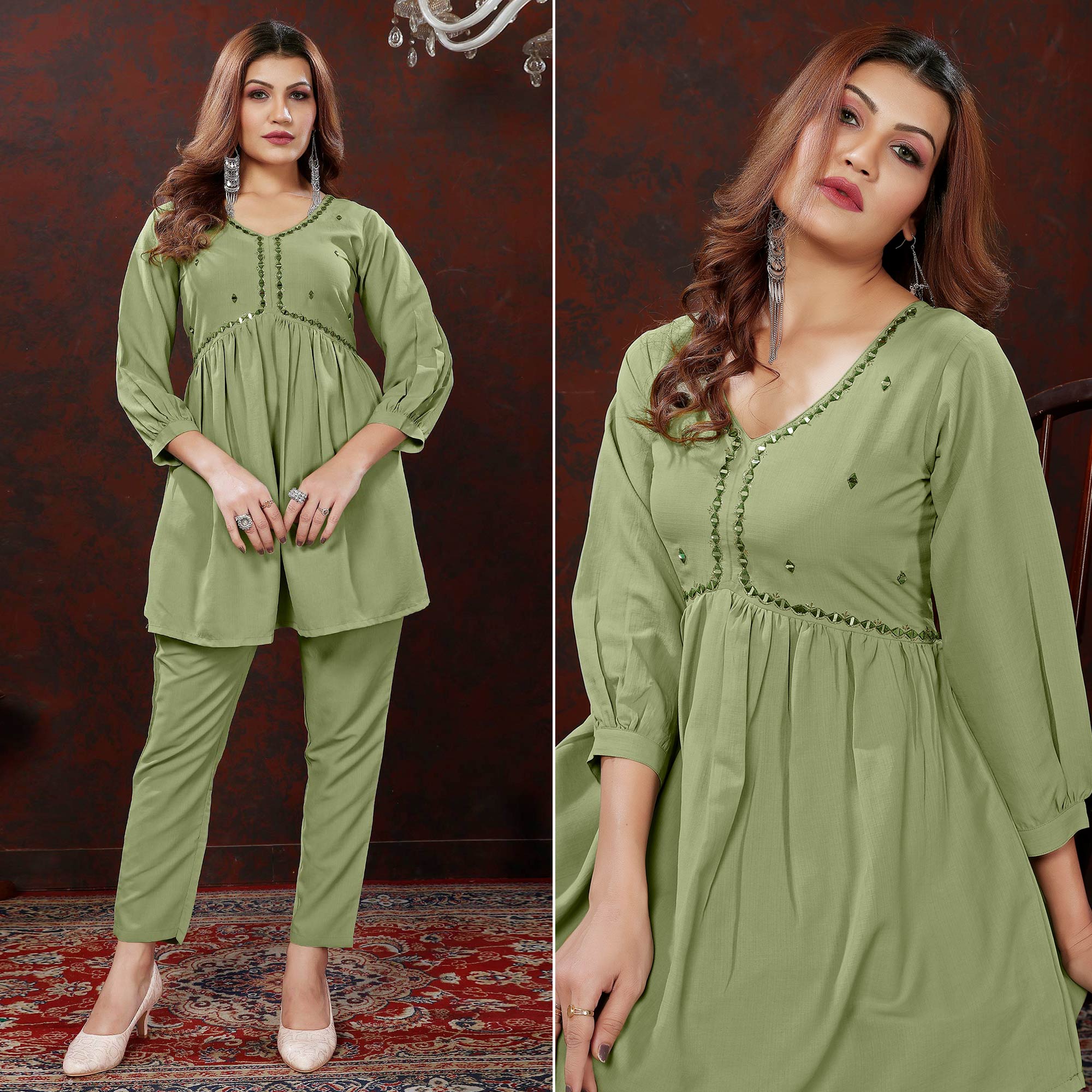 Green co-ords – BlackTree green-embroidered-cotton-blend-co-ord-set