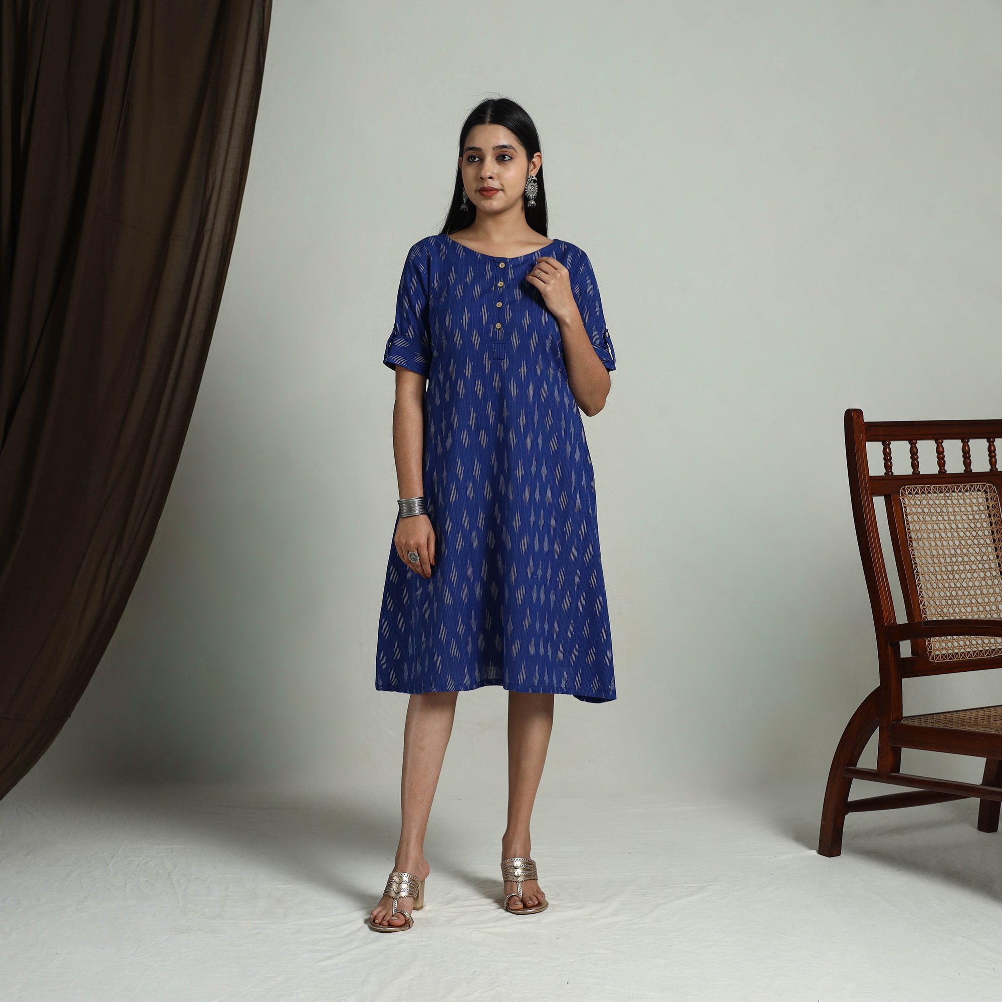 ITOKRI CASUALS Blue - Flared Cotton Short Pochampally Ikat Dress 11 - view 2