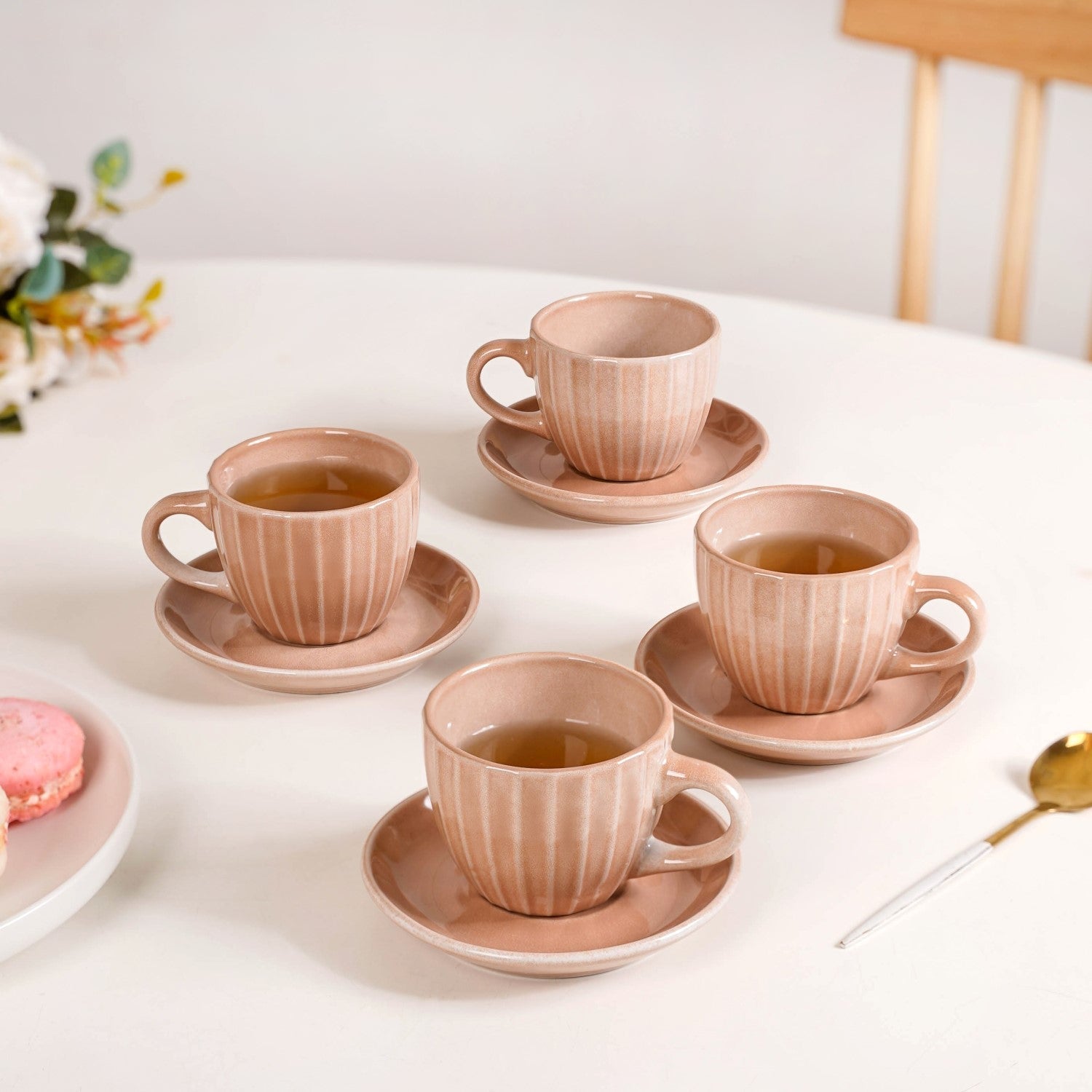 Nestasia Costola Ceramic Tea Cup And Saucer Set Of 4 Pink 125ml