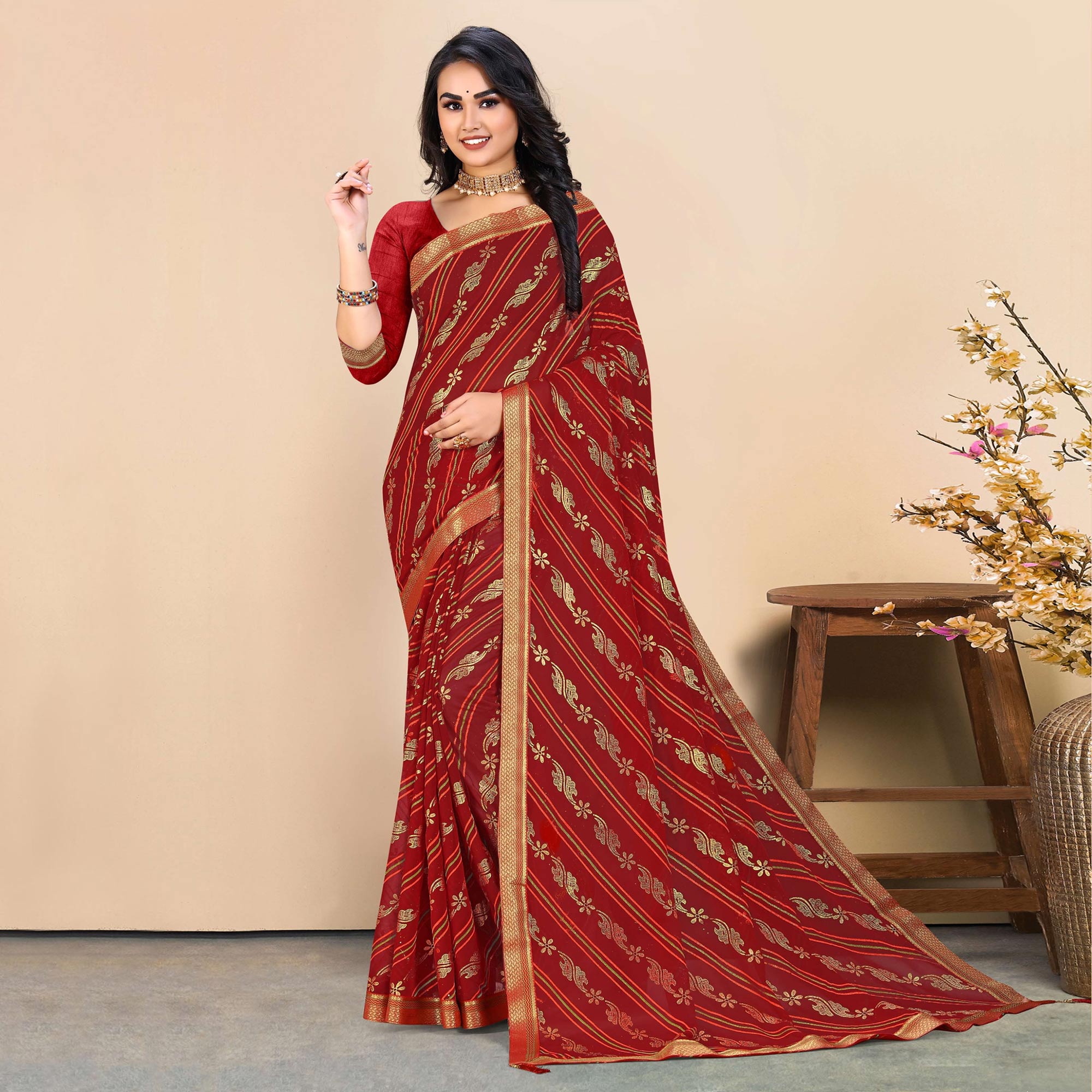 Peachmode Maroon Foil Printed Georgette Saree