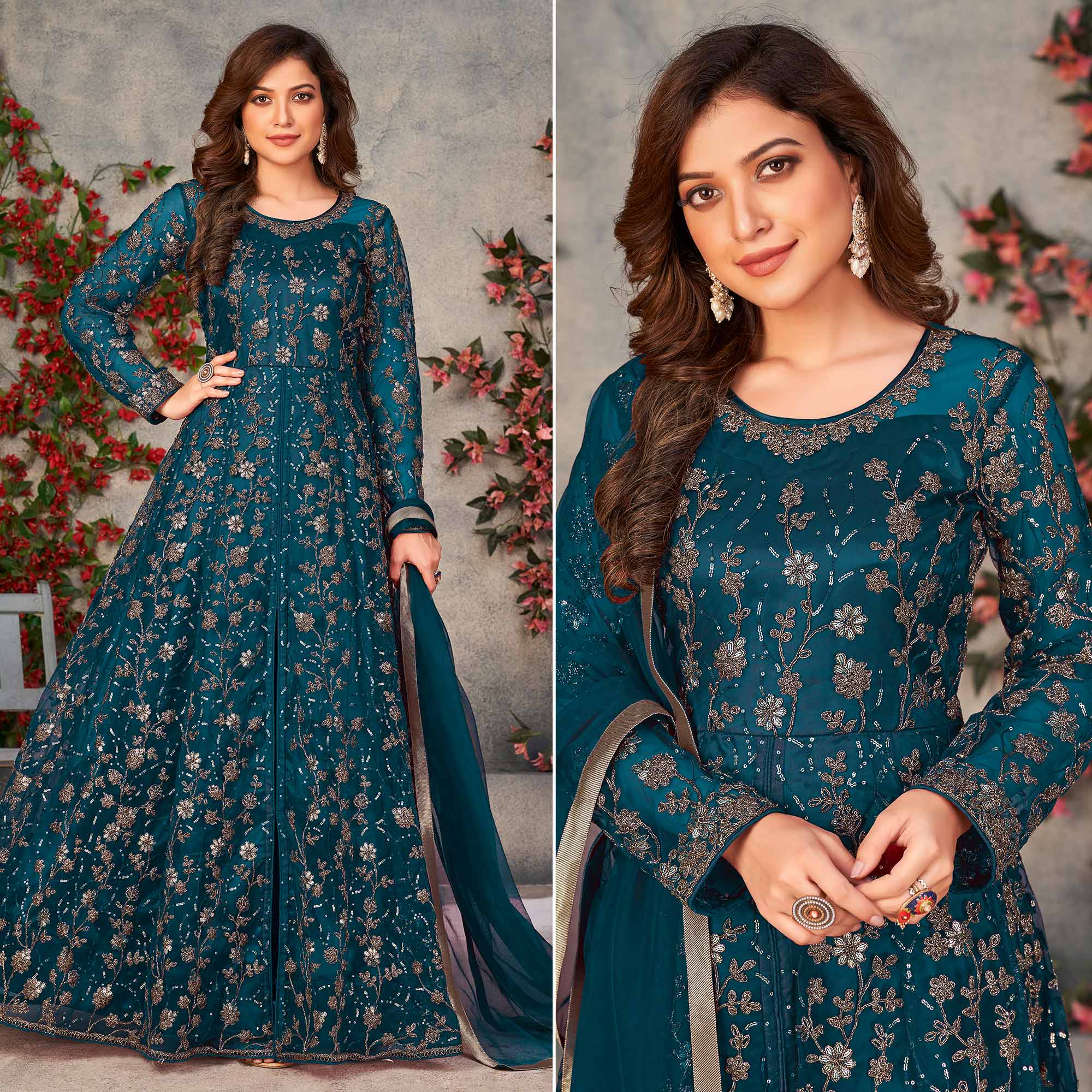 Peachmode Morpich Embroidered Net Semi Stitched Anarkali Style Suit