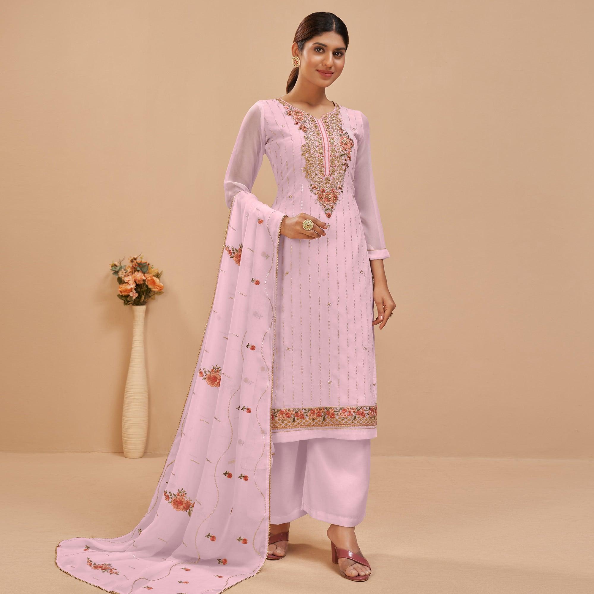 Peachmode Light Pink Party Wear Embroidered Georgette Suit - view 3