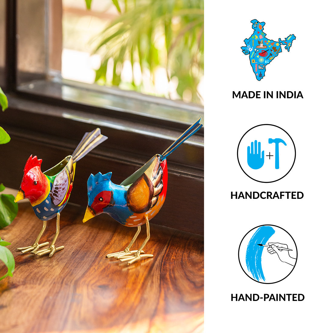 EXCLUSIVELANE 'Bird Buddies' Handpainted Garden Decorative Showpieces In Metal (Set of 2, 6 Inch) - view 6