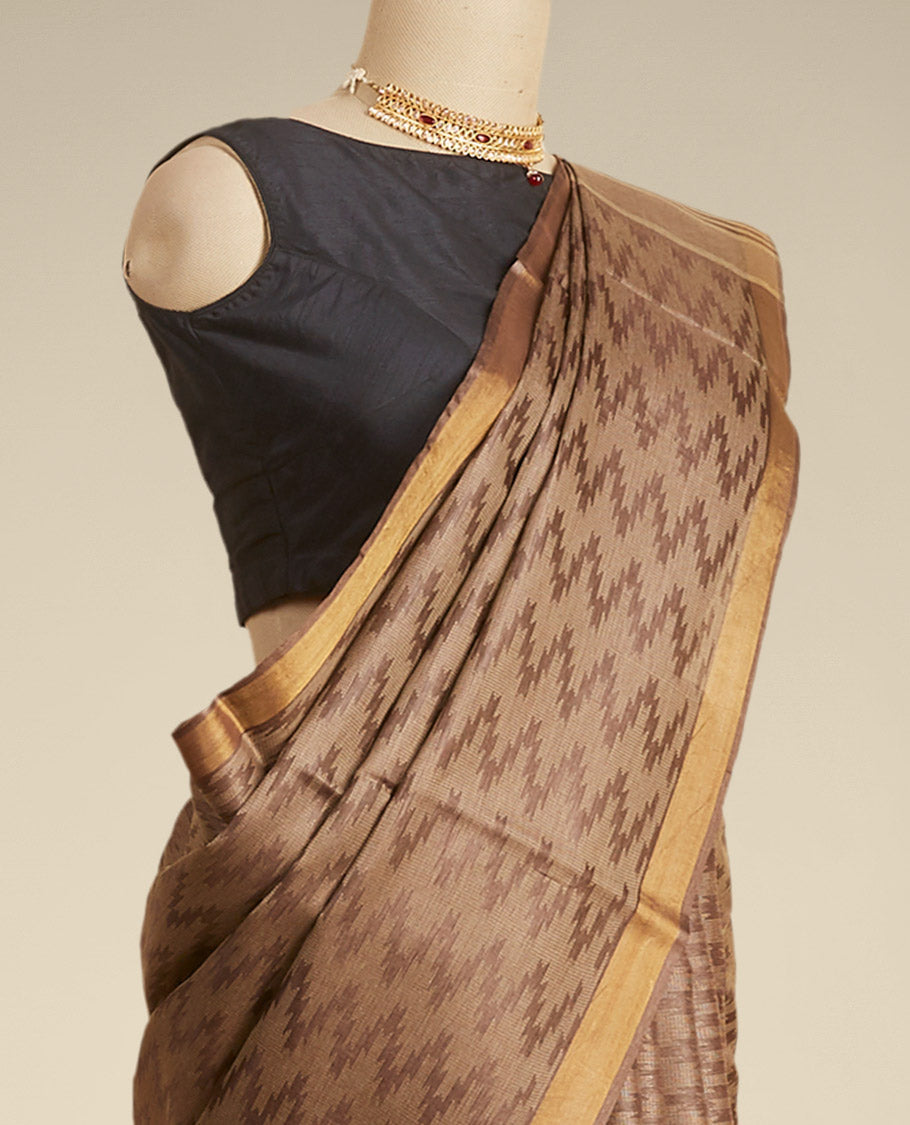 Pothys Brown zig- zag striped design tusser silk saree with contrast zari border