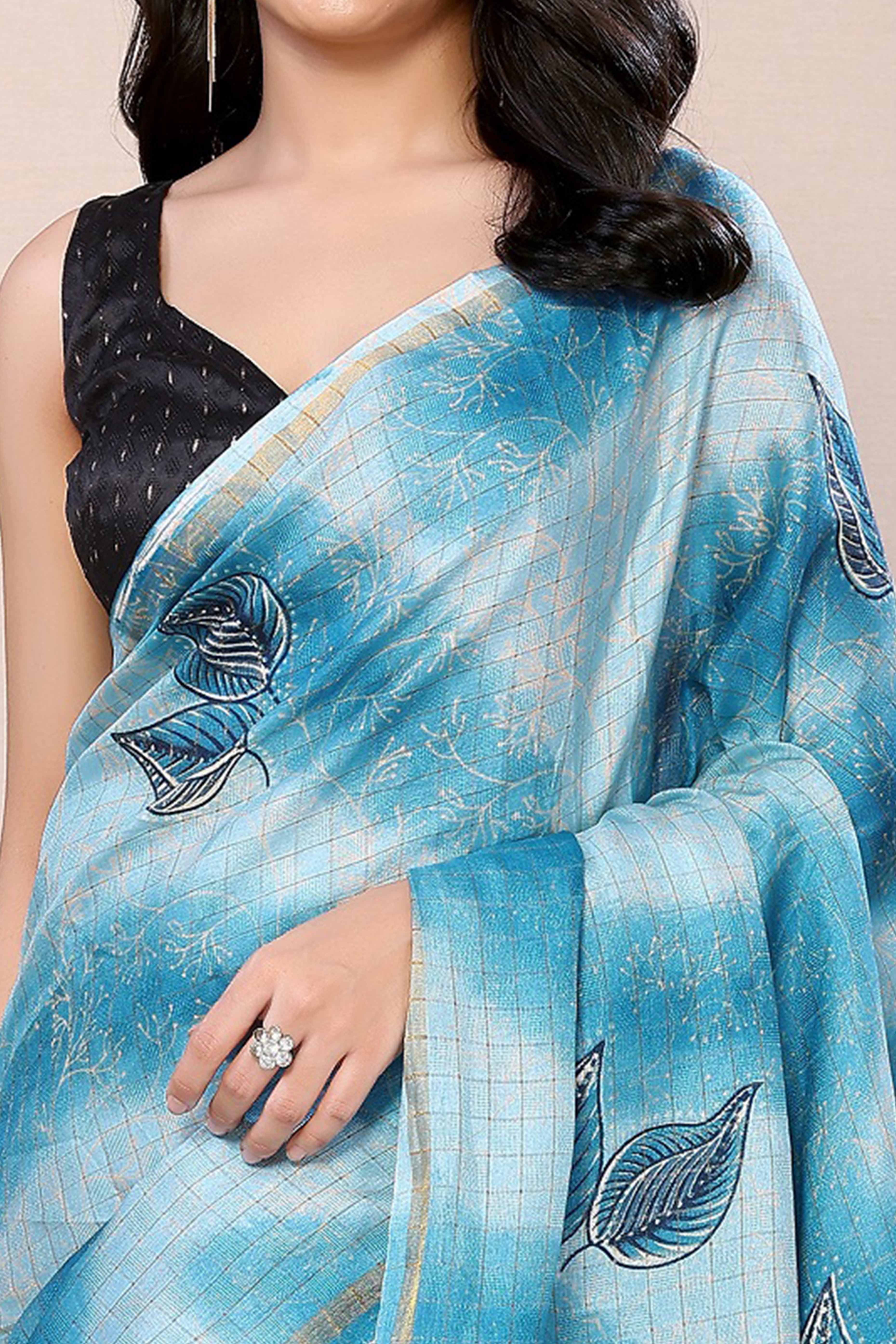 Peachmode Seller Blue Woven With Printed Silk Ready To Wear Saree - view 2