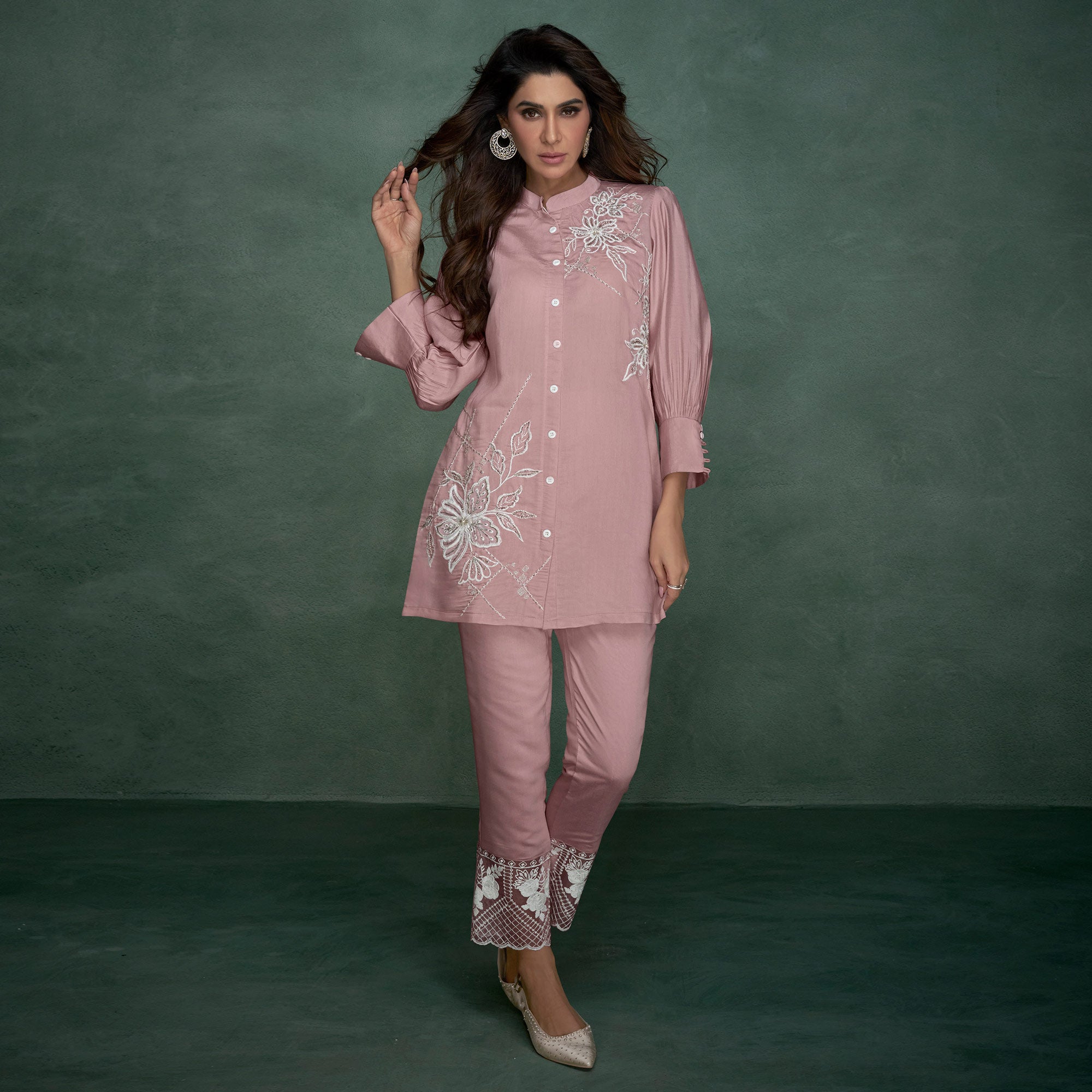 Peachmode Light Pink Floral Embroidered With Handwork Viscose Co Ord Set - view 2