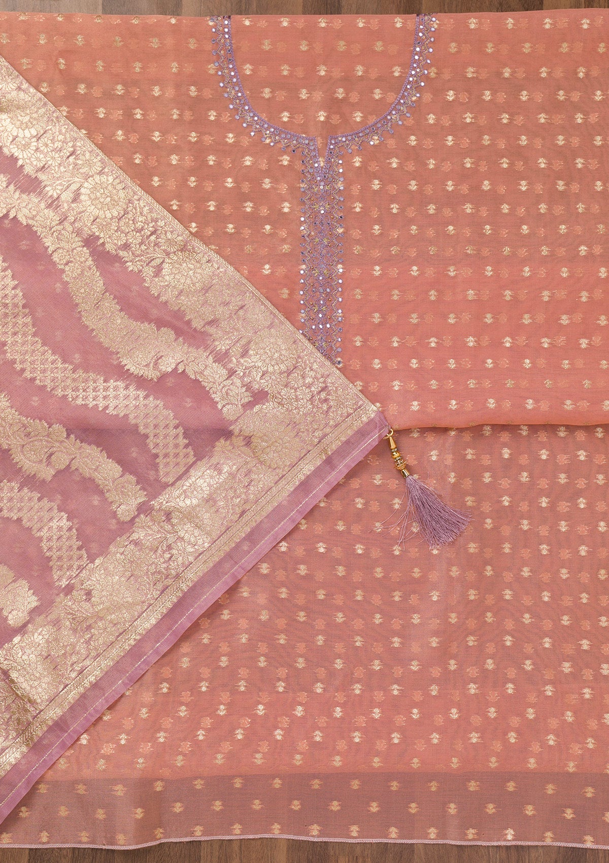 Koskii Peach Zariwork Banarasi Unstitched Salwar Suit - view 3