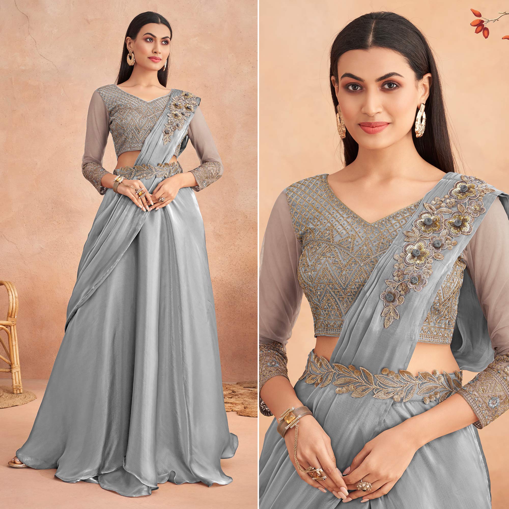 Peachmode Seller Grey Sequins Embroidered Ready to Wear Art Silk Saree