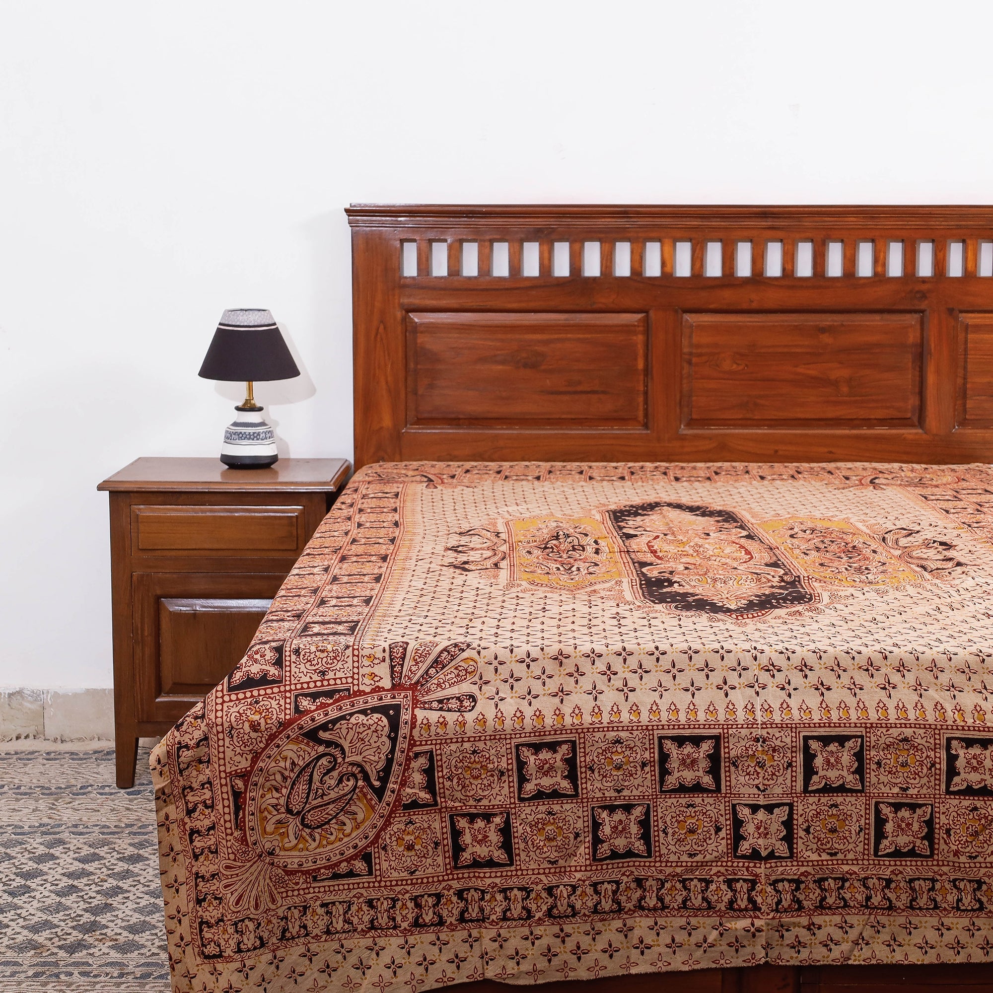 SOUTH KARGHA Beige - Kalamkari Block Printed Cotton Single Bed Cover (90 x 60 in)