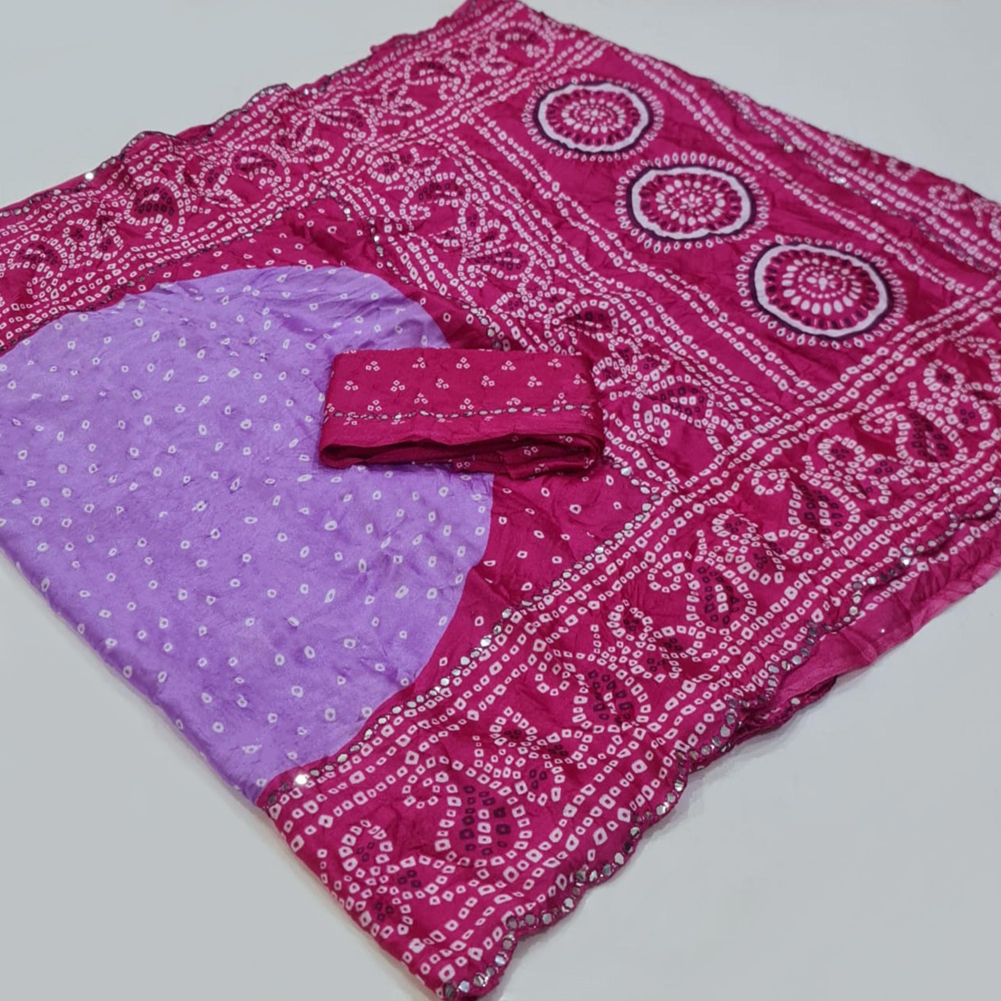 Peachmode Lavender & Pink Bandhani Printed Chiffon Saree