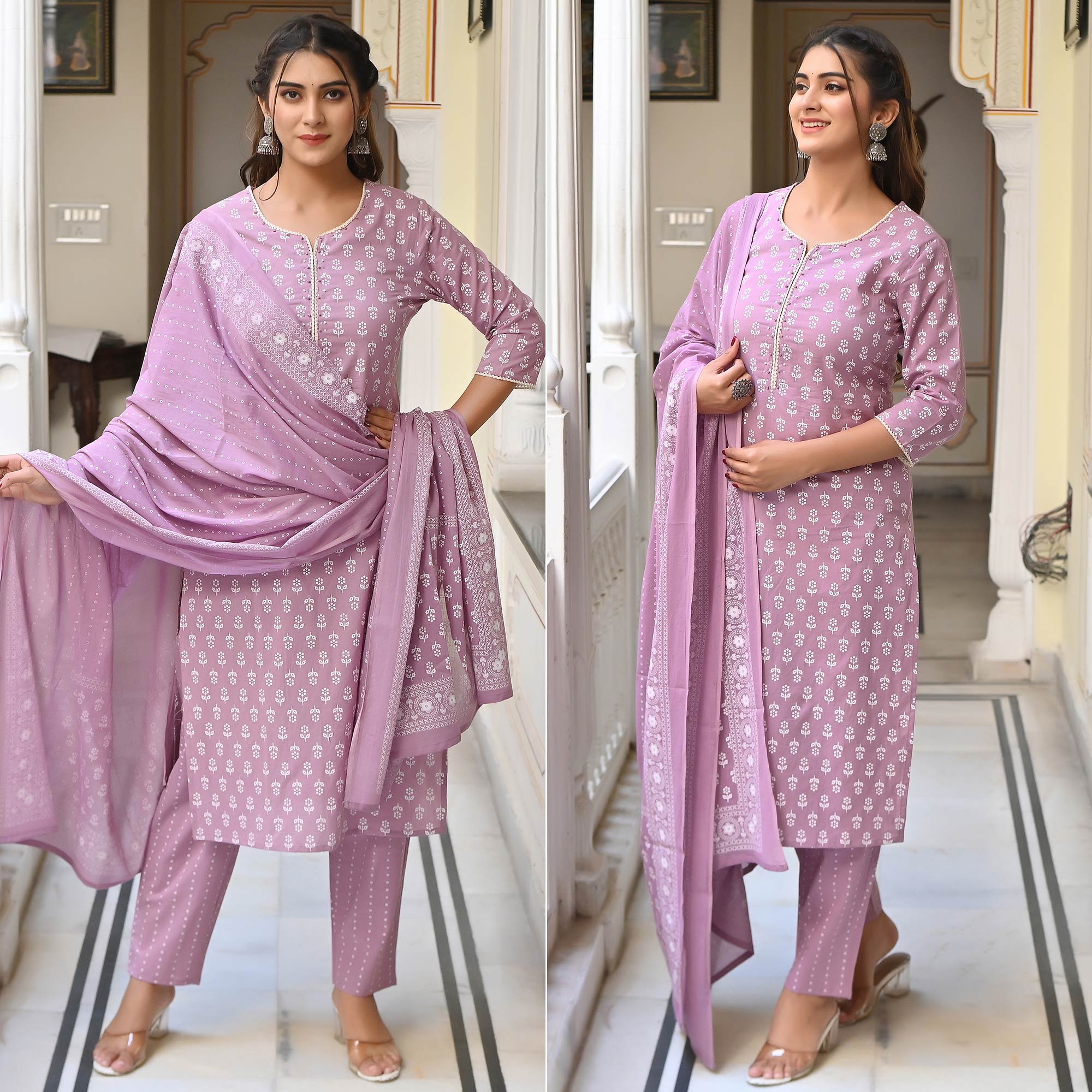 Peachmode Lavender Jaipuri Printed Pure Cotton Salwar Suit
