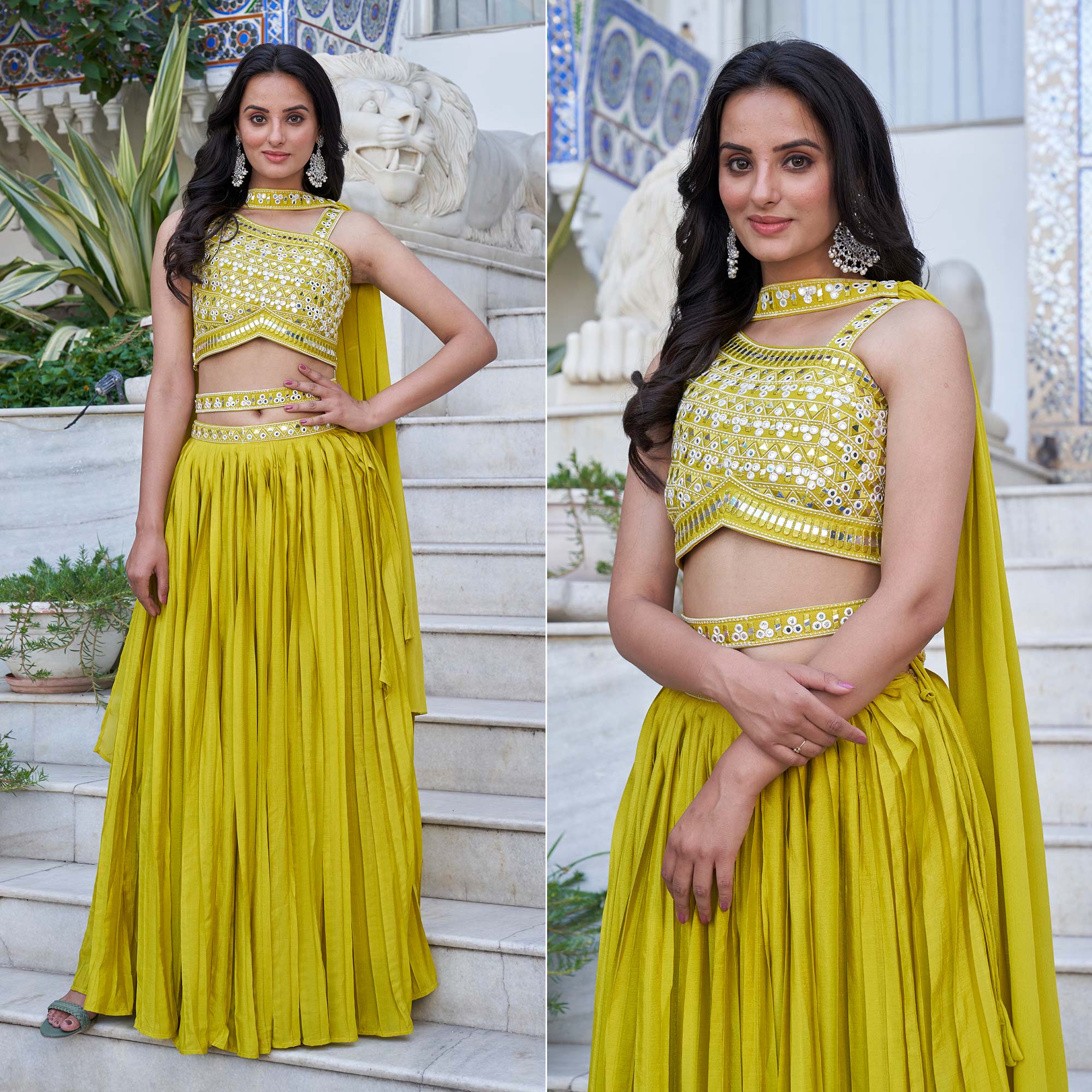 Peachmode Seller Lemon Green Embroidered Chiffon Plated Lehenga Choli