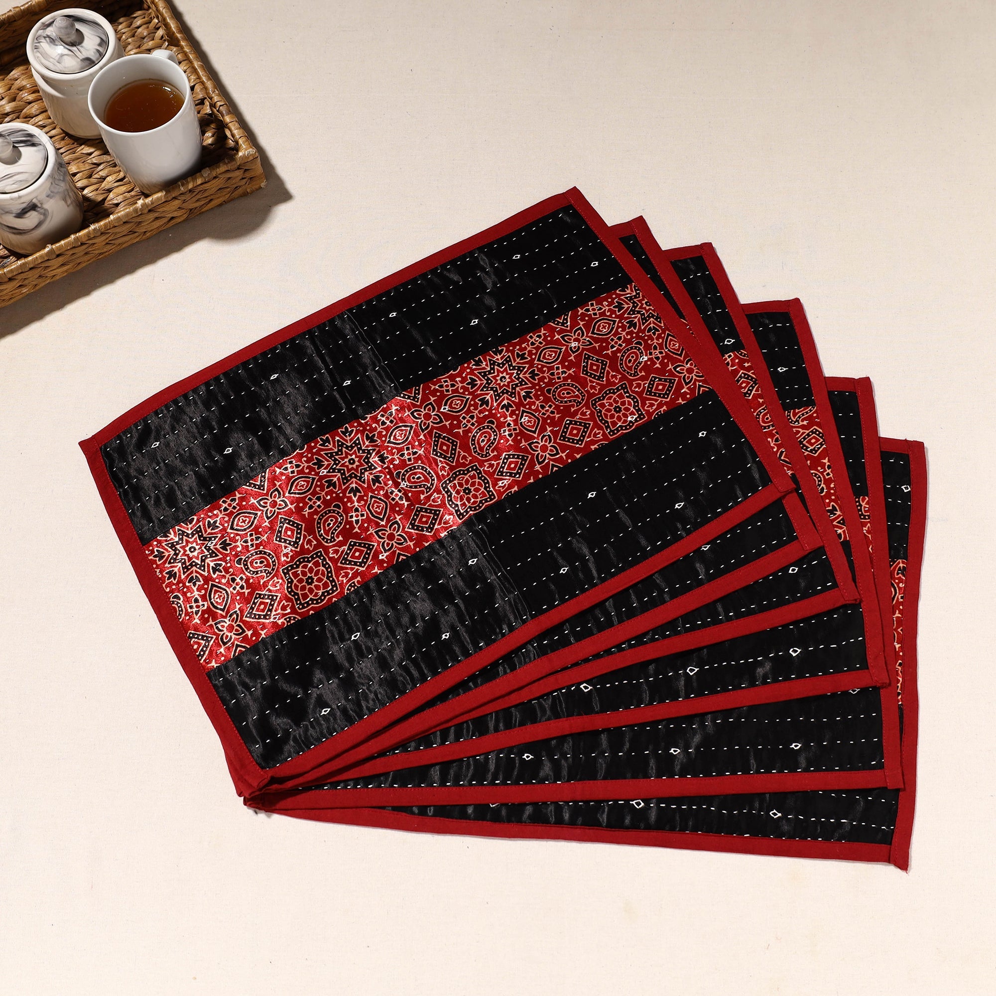 KACHCHH JI CHHAAP Black - Kutch Tagai Embroidered Mashru Silk Table Mats (SO6) 24