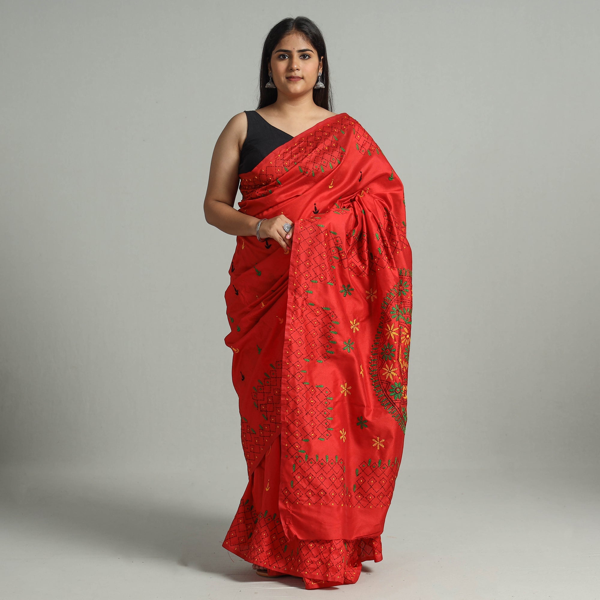 ITOKRI CRAFTS INITIATIVE Red - Bengal Nakshi Kantha Embroidery Silk Saree 63