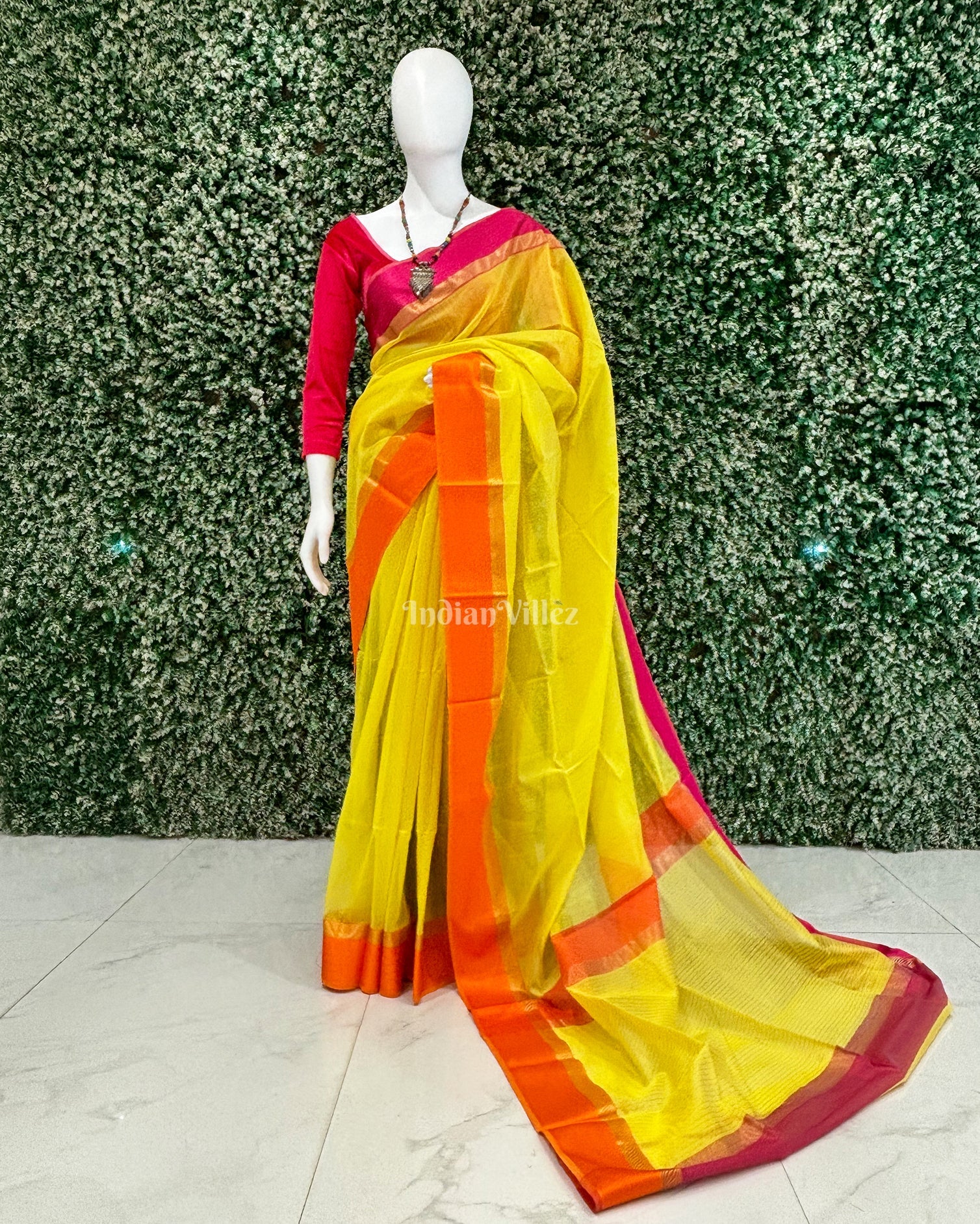 Cotton silk saree – IndianVillèz Yellow Maheshwari Handloom Cotton*Silk Saree