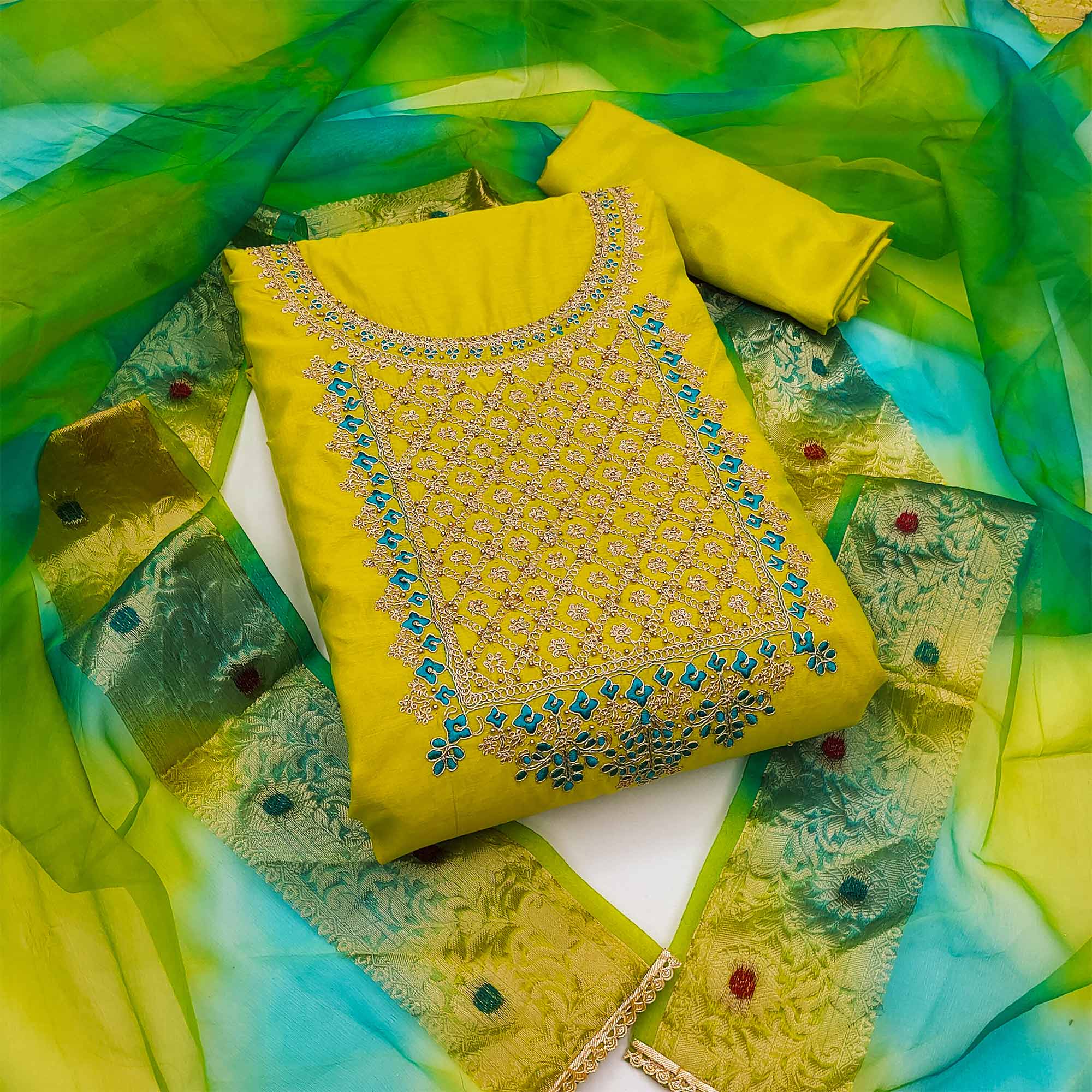 Peachmode Lemon Green Embroidered Modal Dress Material