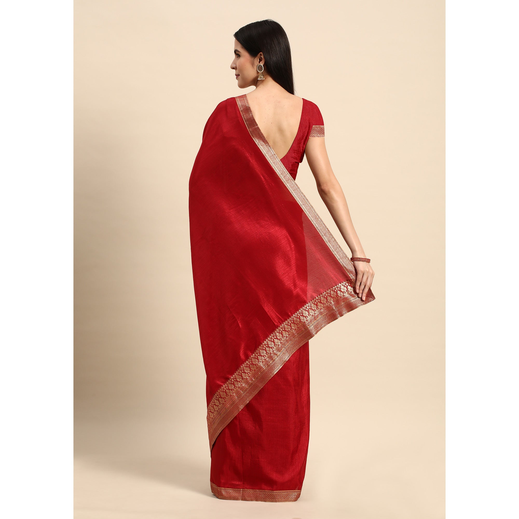 Peachmode Maroon Solid Vichitra Silk Saree With Fancy Zari Border - view 4