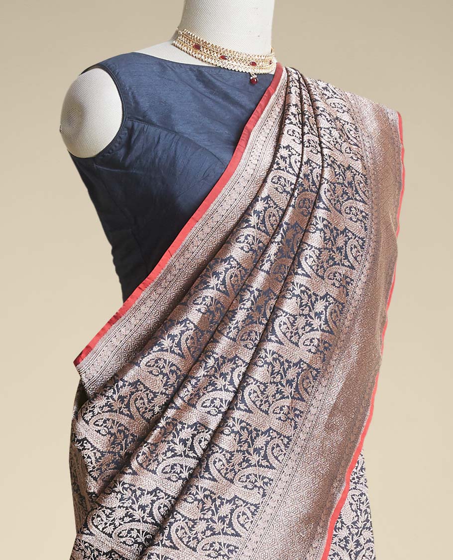 Pothys Black floral jacquard banaras silk saree with self intricate zari border