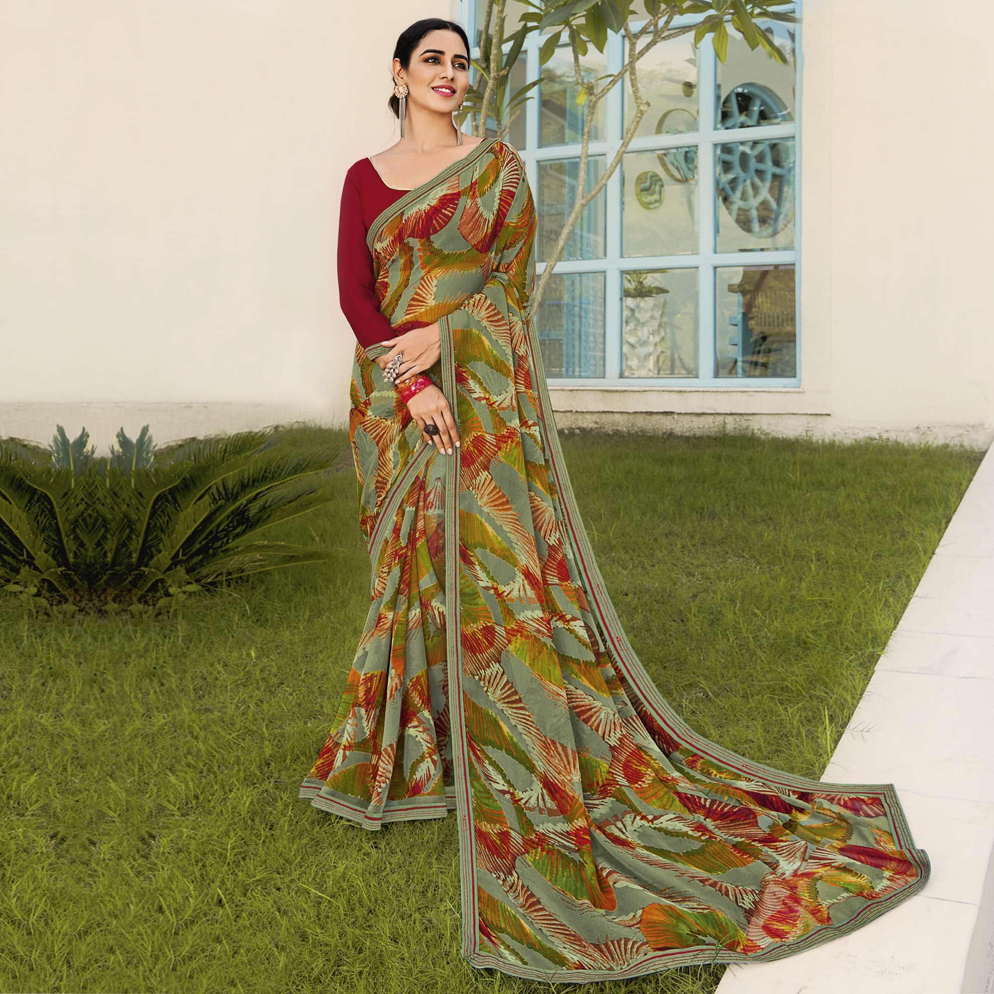 Peachmode Dusty Green Partywear Printed Georgette Saree