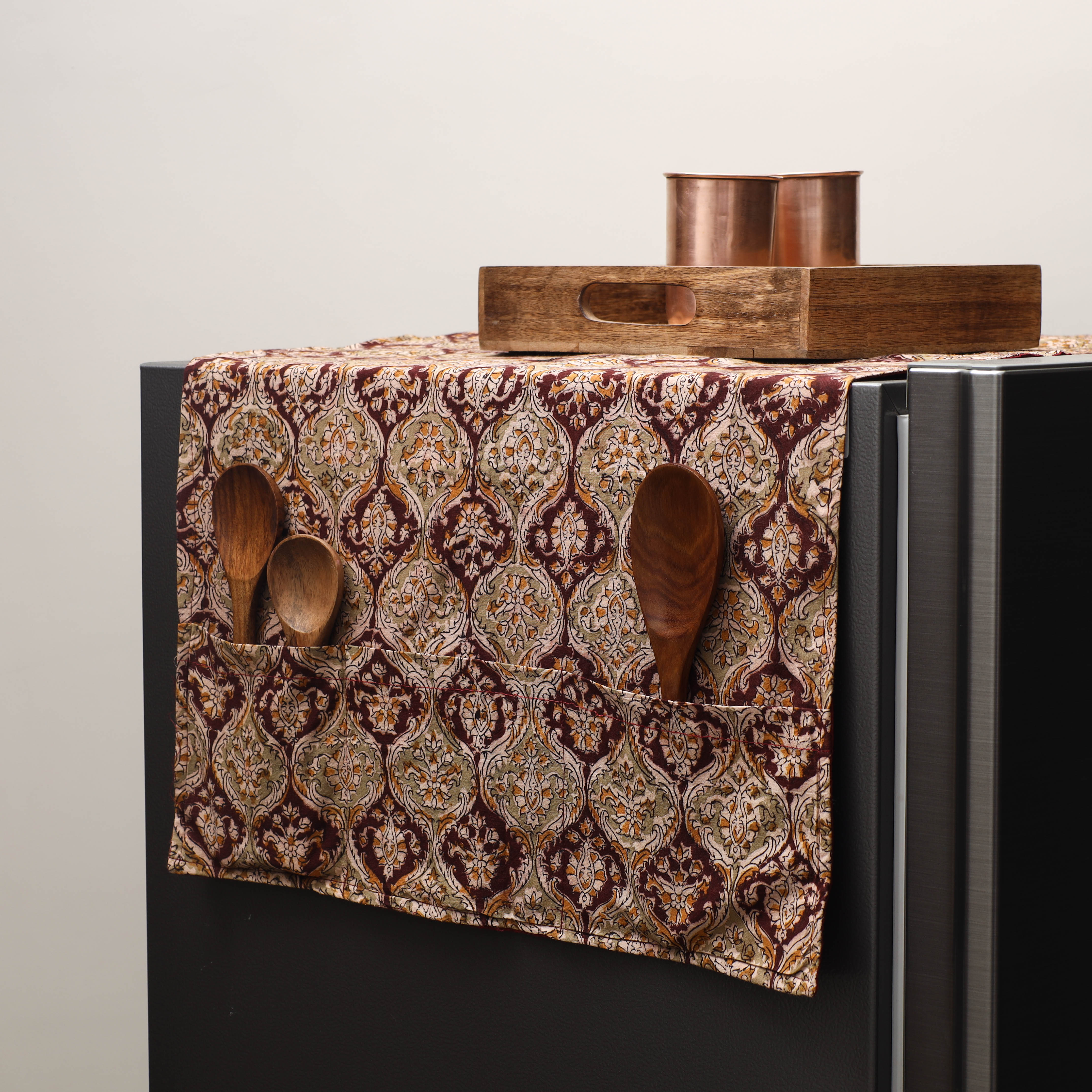 JALPARI Brown - Kalamkari Block Printed Fridge Cover with Handle Cover 14