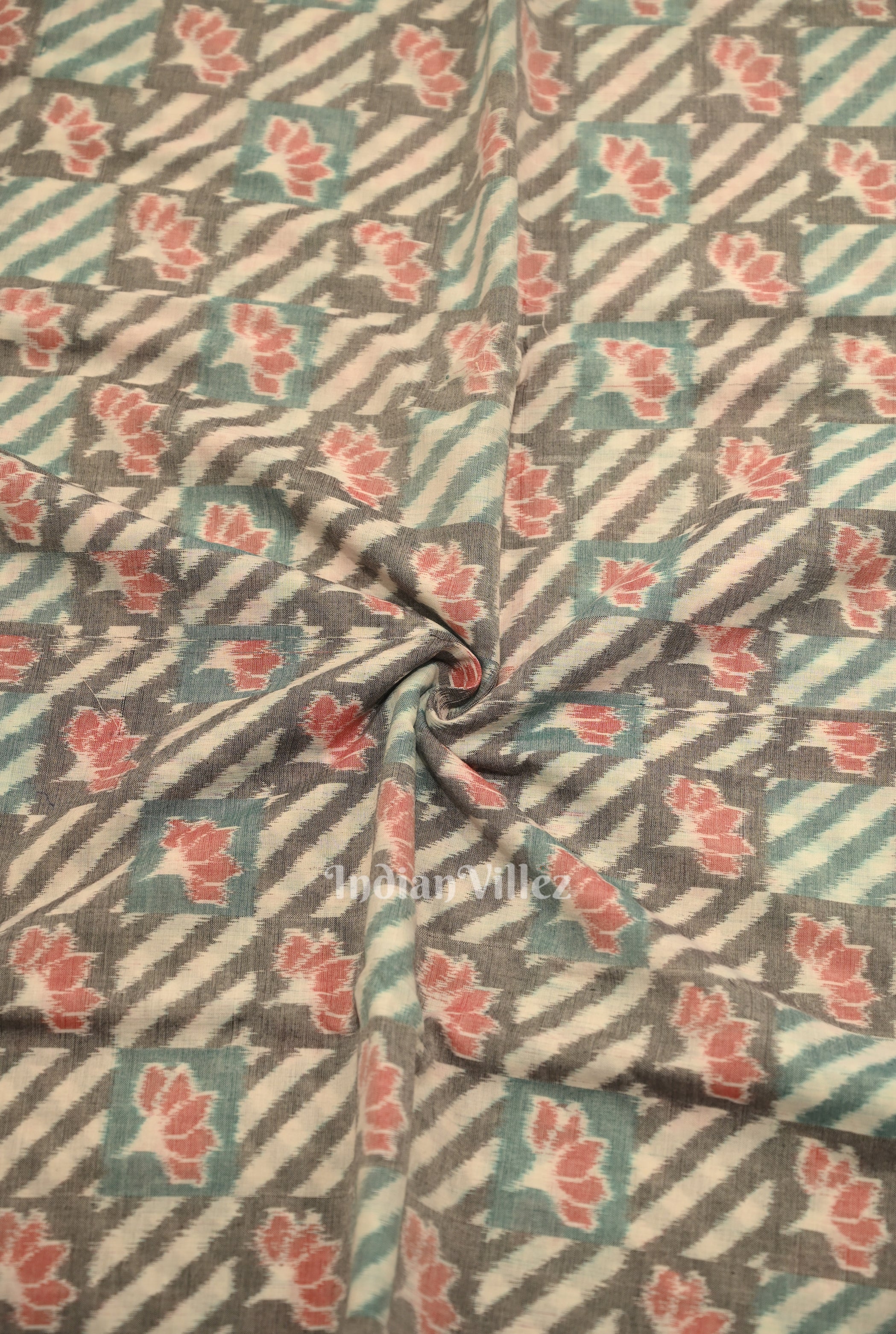 IndianVillèz Cement Gray Lotus Motif Sambalpuri Ikat Cotton Fabric