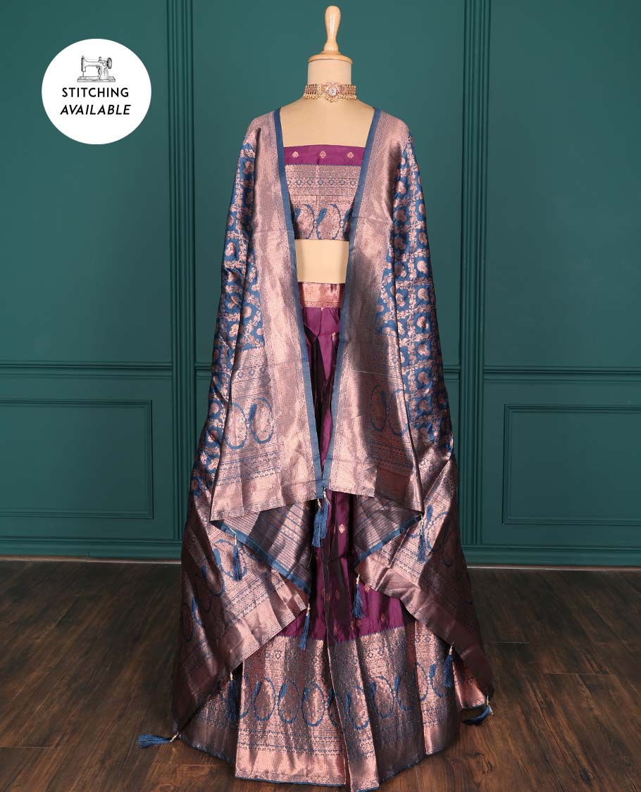 Pothys Purple zari buttas artsilk halfsaree,contrast traditional design stonework border, blouse & dhavani of jaal designs - view 2