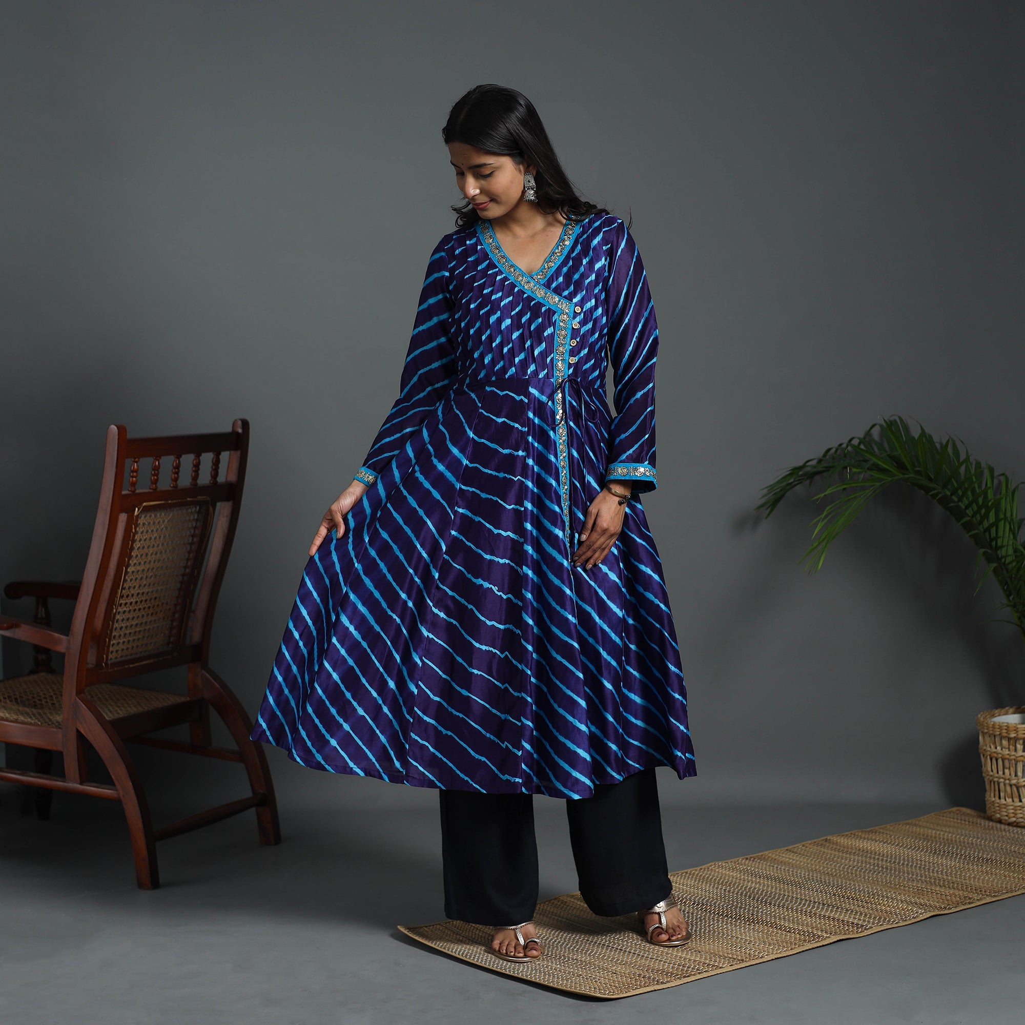 ITOKRI CASUALS Blue - Angrakha Handloom Chanderi Silk Tie-Dye Leheriya Kurta 03 - view 3
