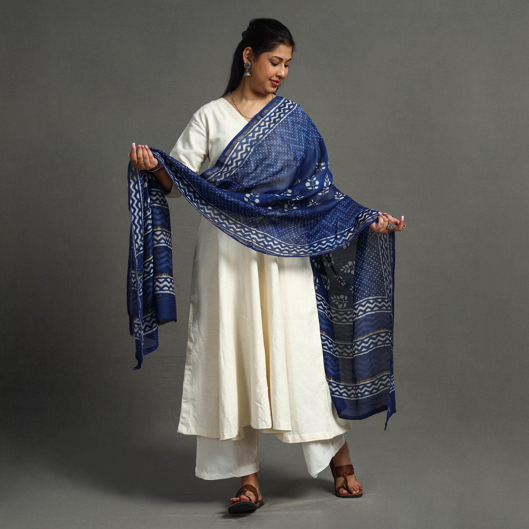 BAGRU DABU PRINTS Blue - Hand Block Print Chanderi Silk Dabu Bagru Dupatta 70
