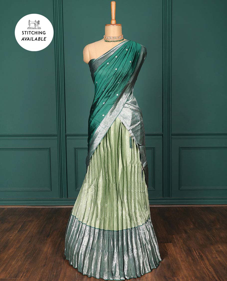 Pothys Green jacquard art-silk half-saree, contrast traditional zari design border, jacquard blouse & intricate dupatta