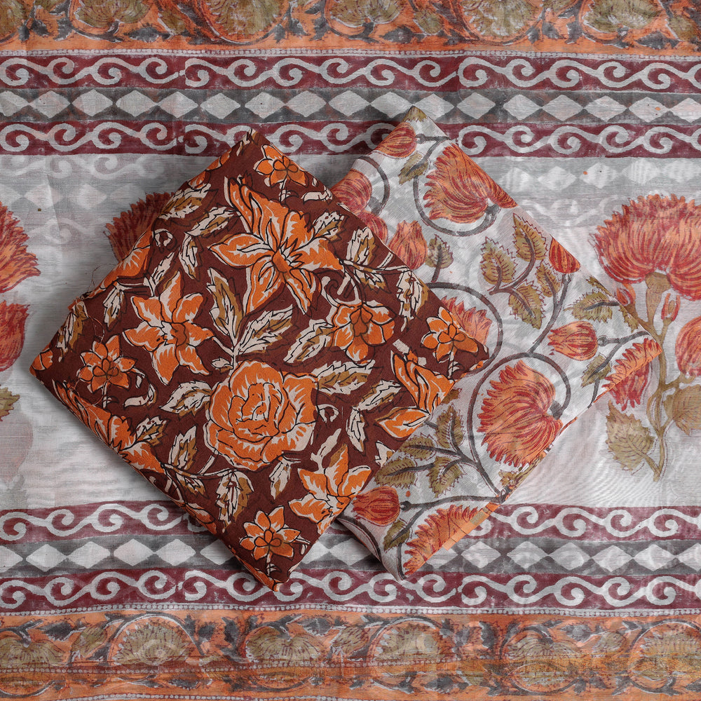 ARTISAN HAND BLOCK PRINTS Brown - 3pc Sanganeri Block Printed Chanderi Silk Suit Material Set - view 2