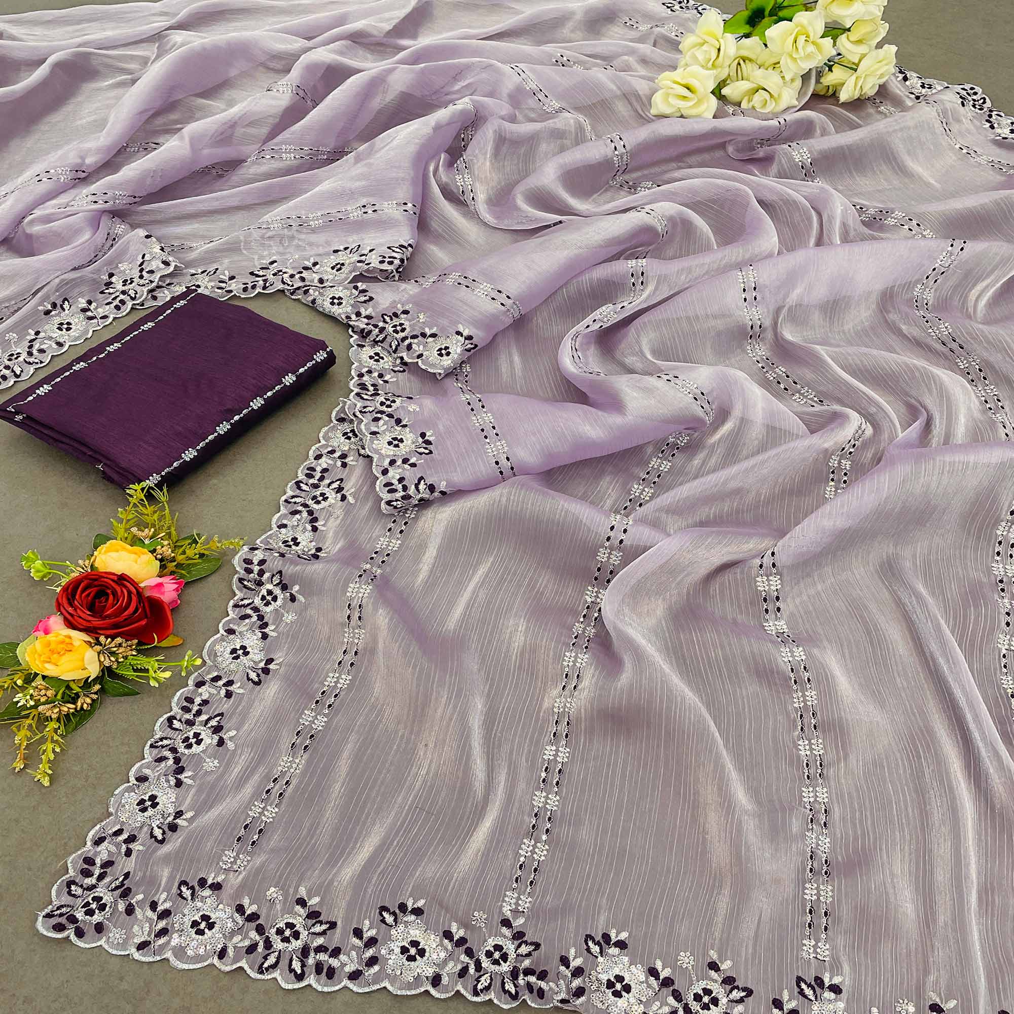 Peachmode Lavender Sequins Embroidered Chiffon Saree
