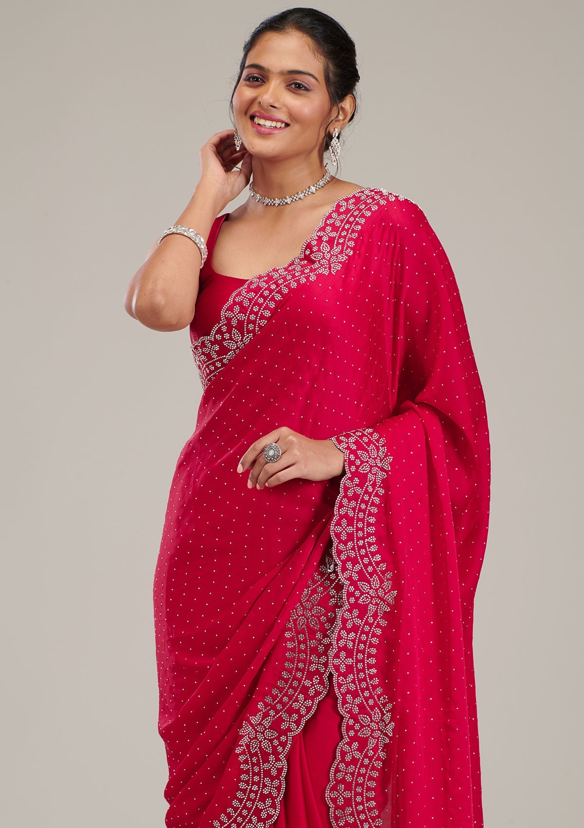 Koskii Rani Pink Swarovski Satin Saree – Women's - view 6