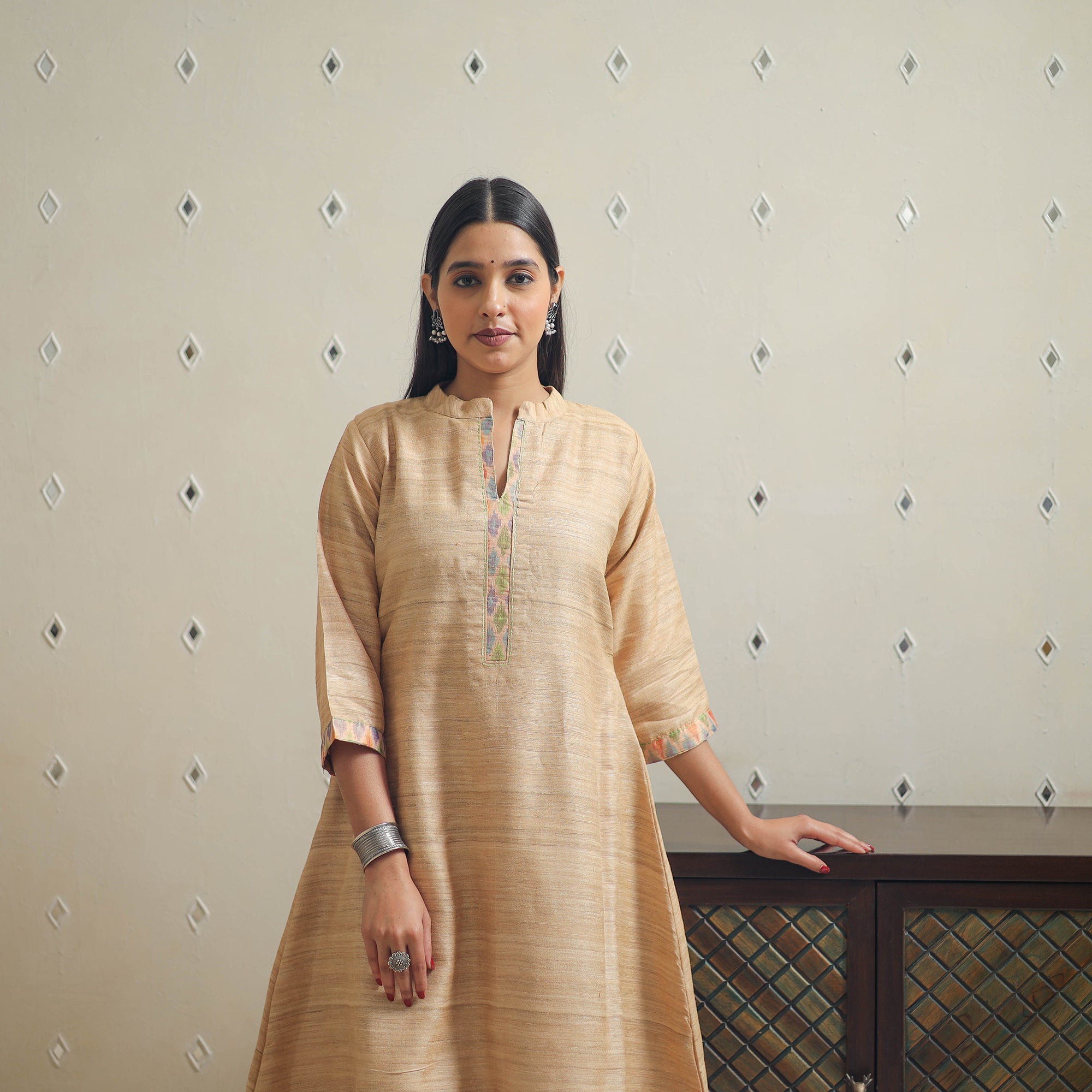 ITOKRI CASUALS Beige - Bhagalpuri Handwoven Desi Tussar Silk Plain Kurta 03