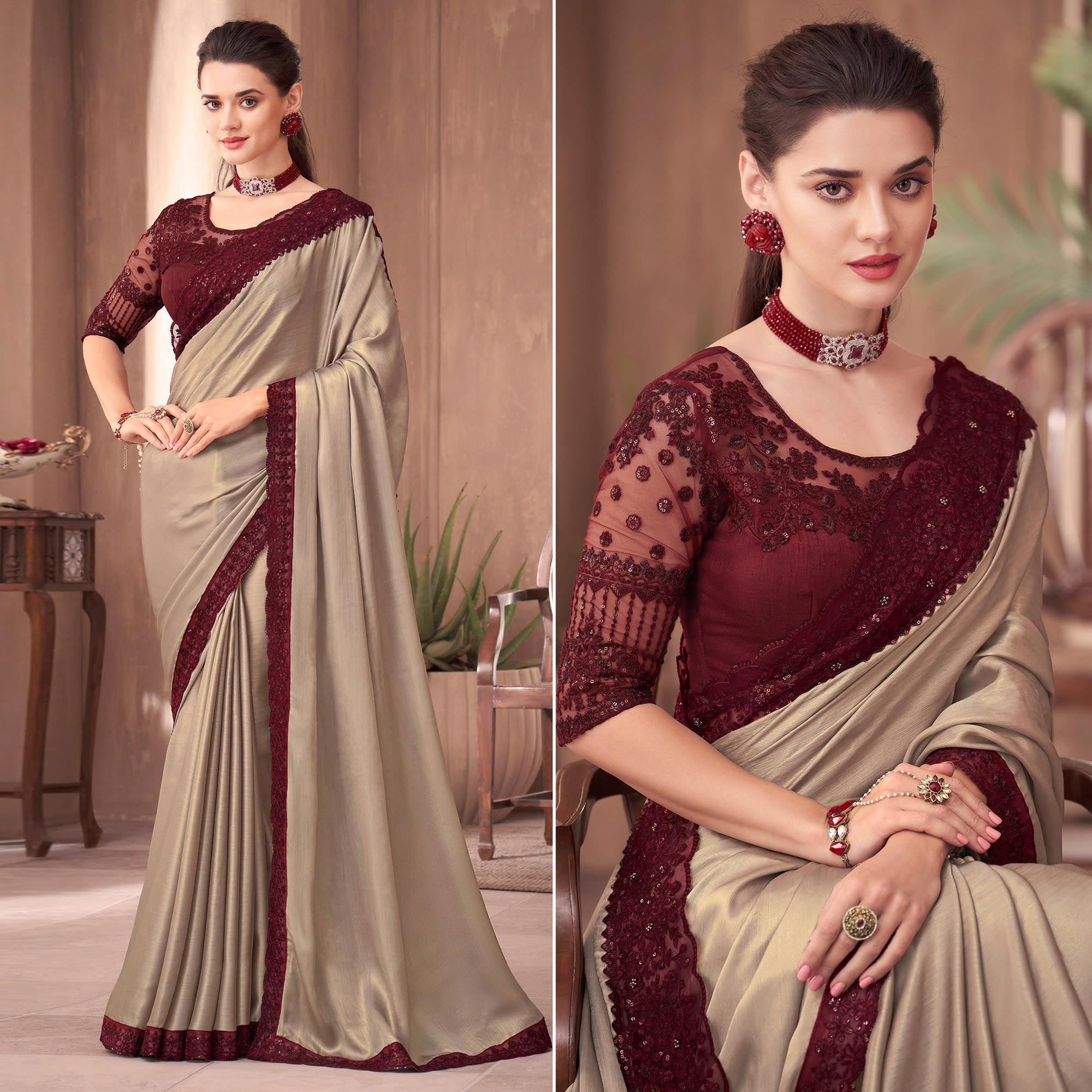 Peachmode Light Brown Floral Embroidered Georgette Saree