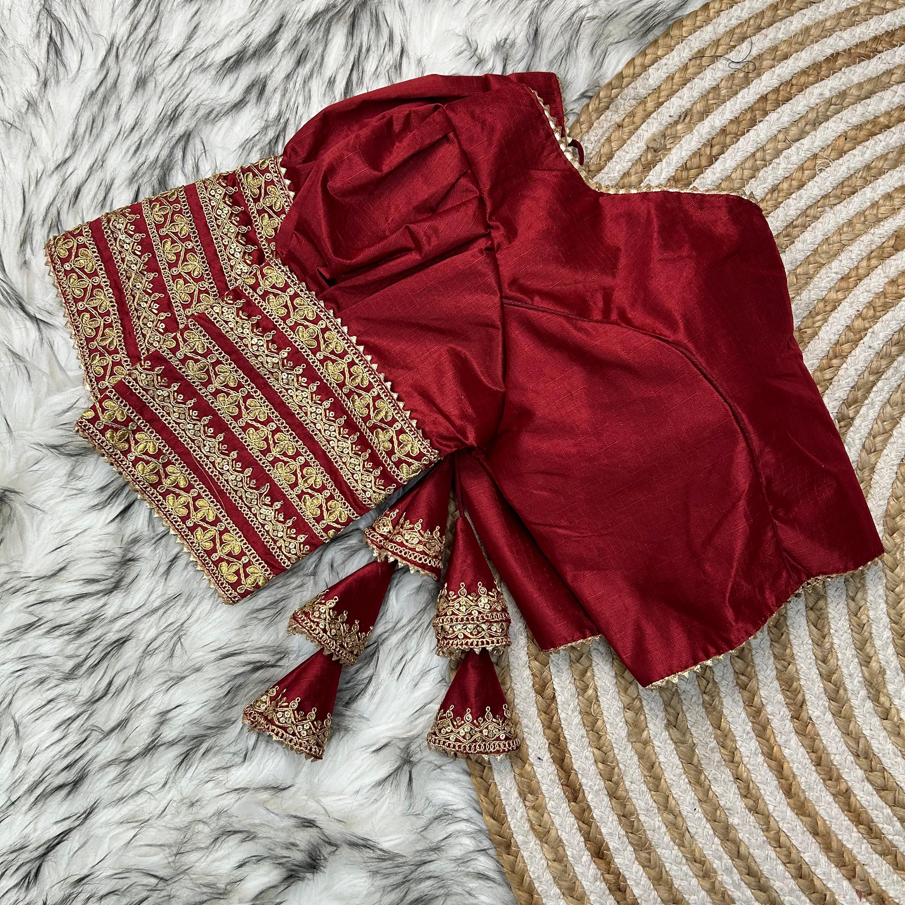 ClothsVilla Maroon Kilmora Silk Blouse with Handcrafted Embroidery and Sequence Accents