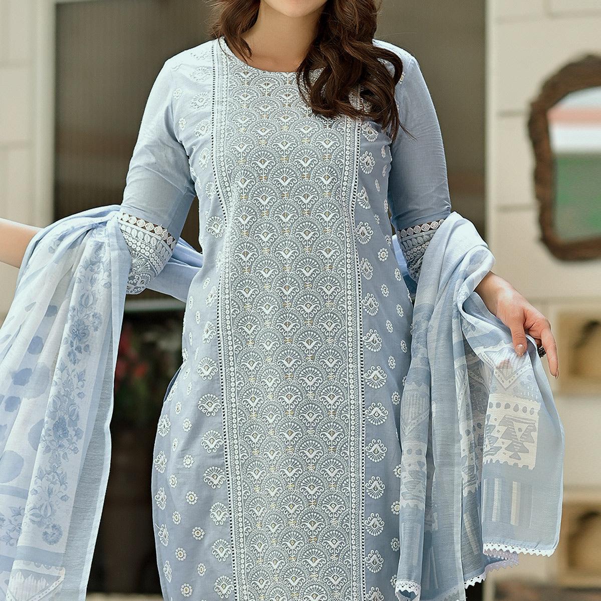 Peachmode Light Blue Lucknowi Embroidered Pure Cotton Kurti Pant Set with Dupatta - view 3