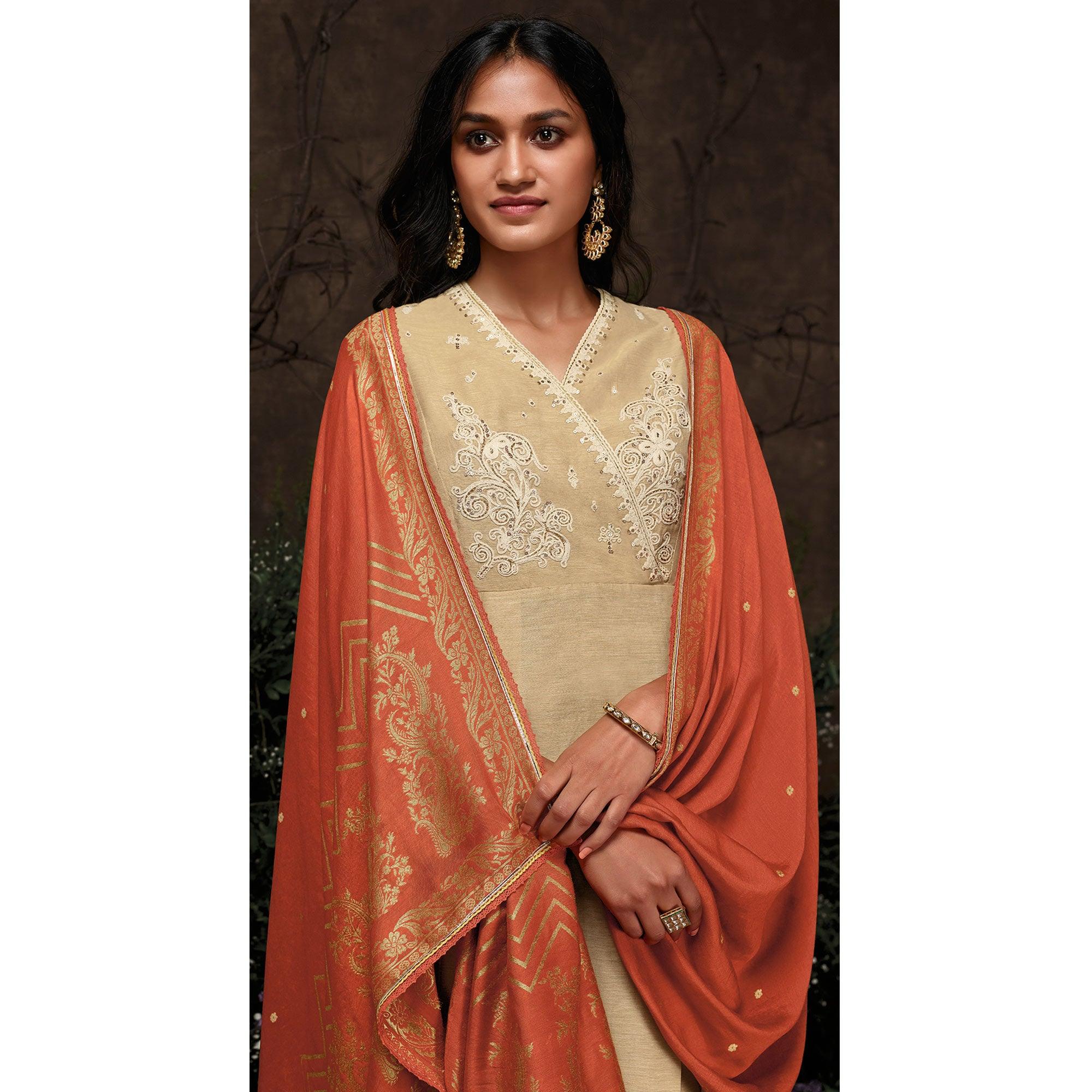 Peachmode Seller Marvellous Beige Colored Partywear Embroidered Silk Kurti-Palazzo Set With Banarasi Dupatta - view 2