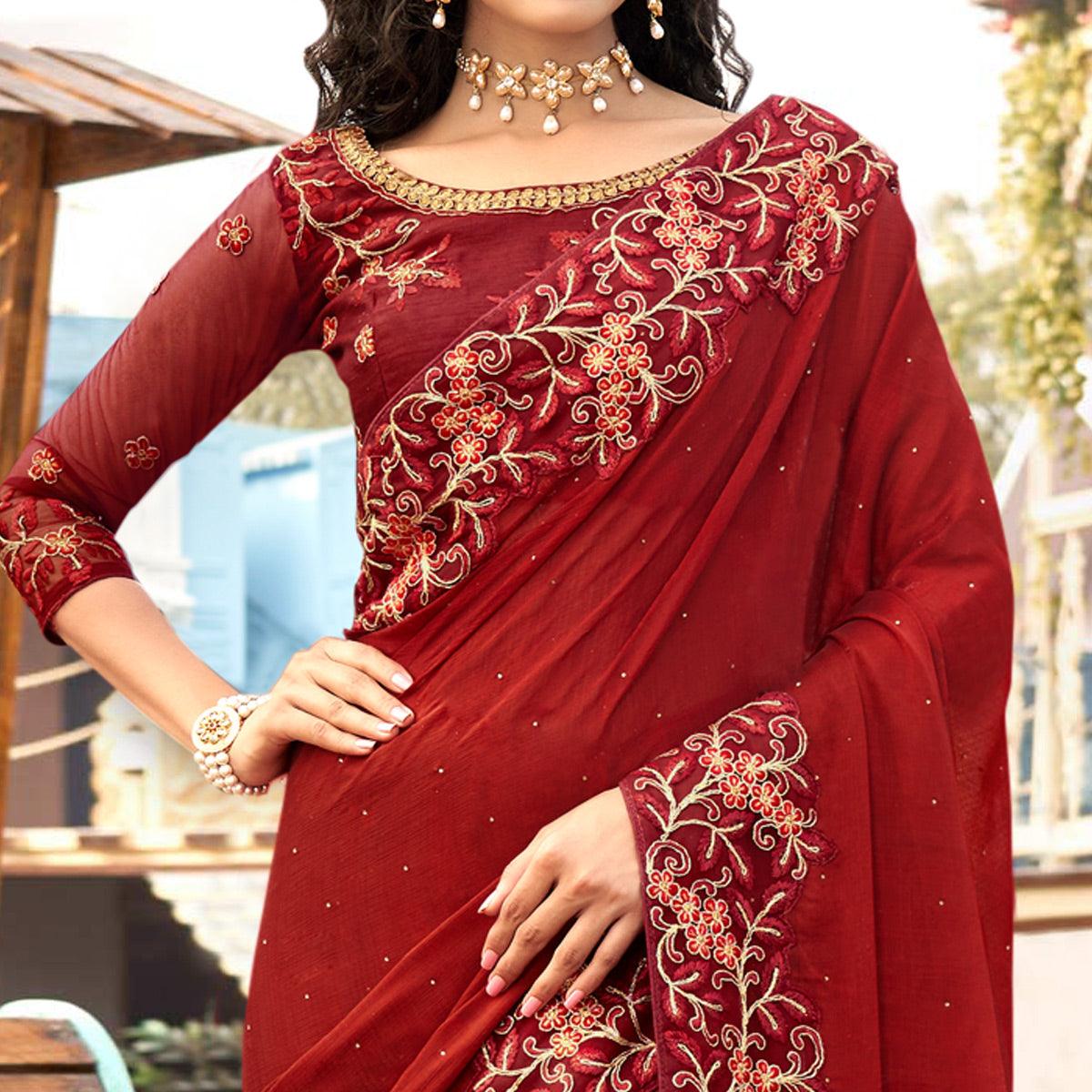 Peachmode Maroon Embellished With Embroidered Chiffon Saree - view 2