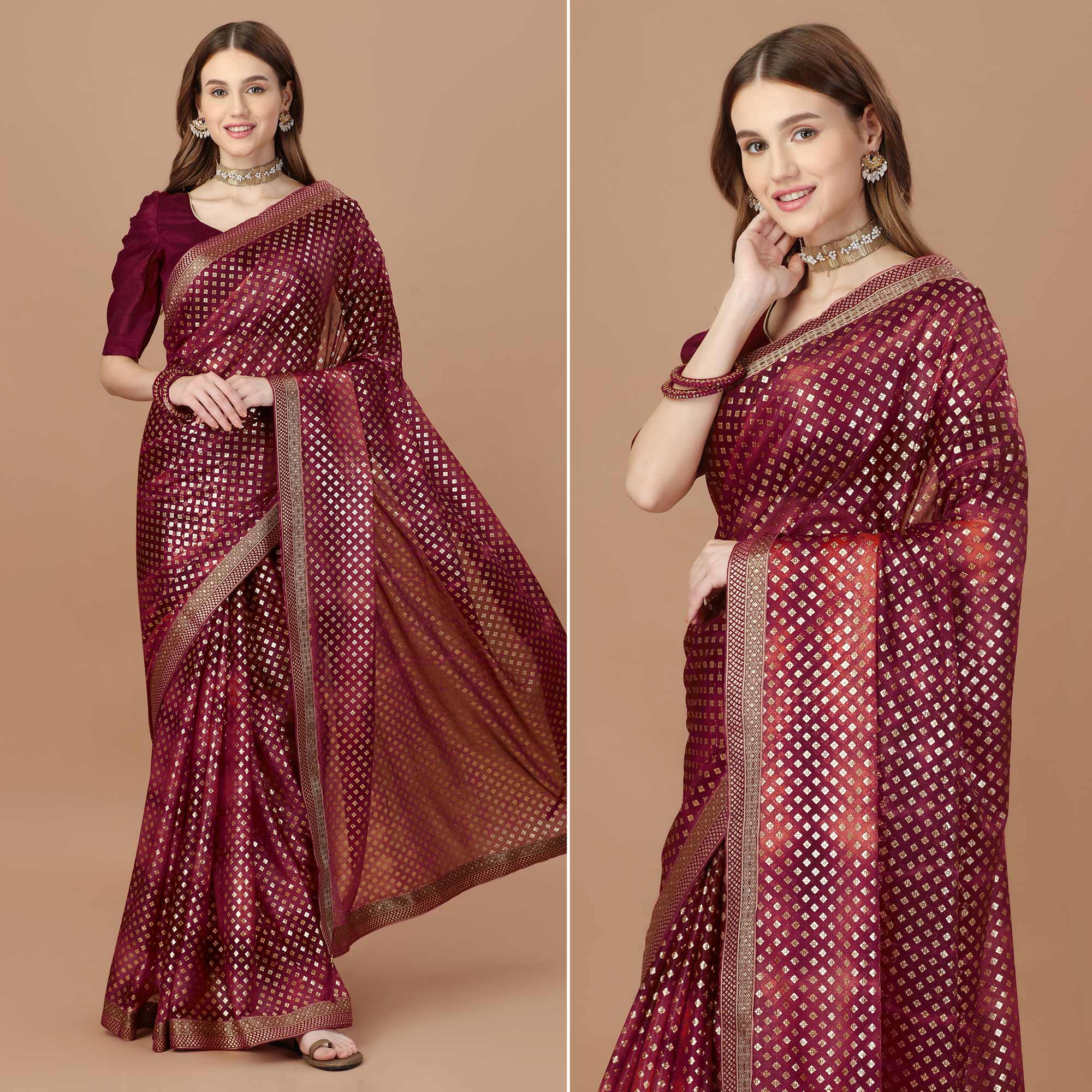 Peachmode Maroon Foil Printed Lycra Saree With Lace Border