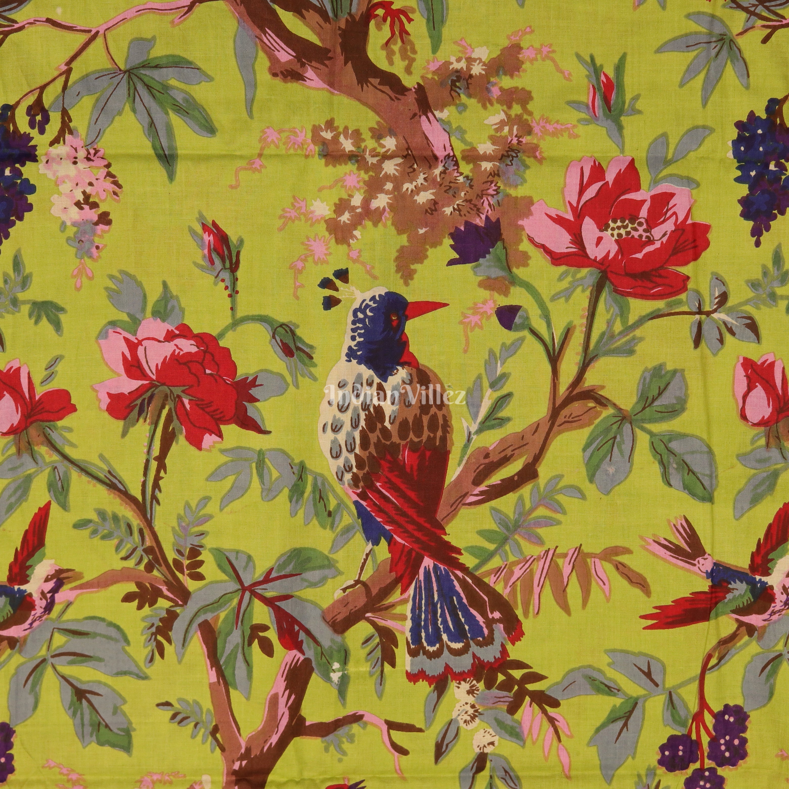 IndianVillèz Parrot Green Multicolor Forest Theme Hand Block Printed Cotton Fabric - view 2