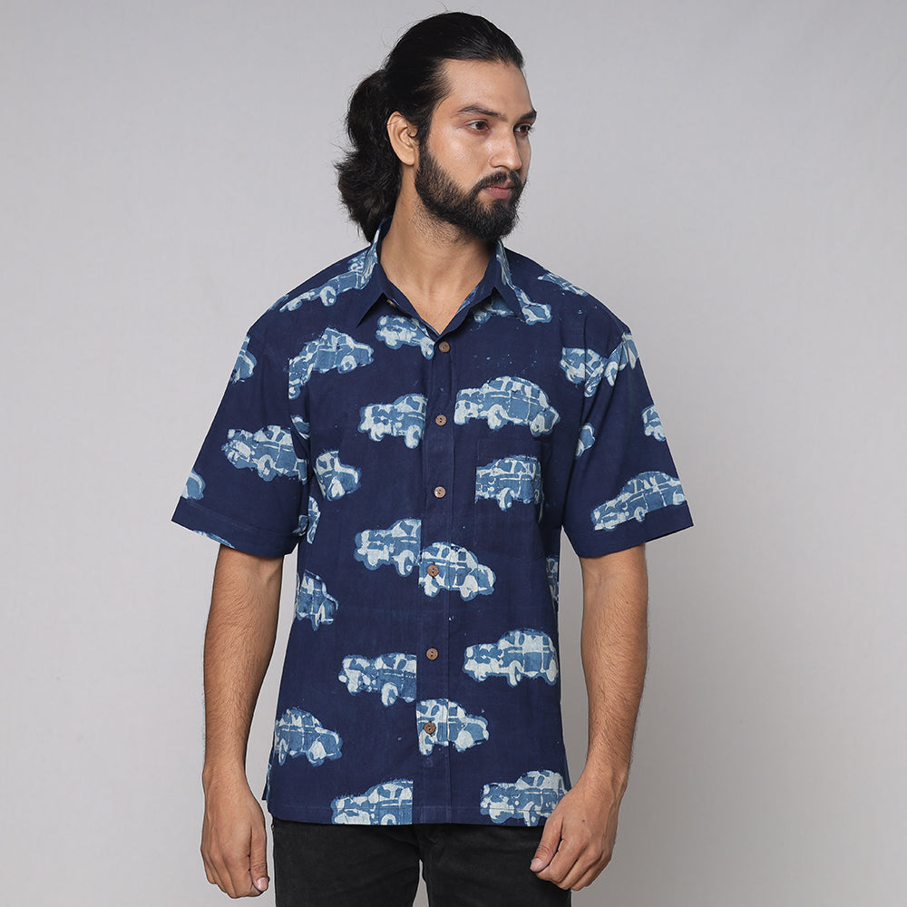 BINDAAS UNLIMITED Blue - Bindaas Block Printed Natural Dyed Cotton Men Half Sleeve Shirt