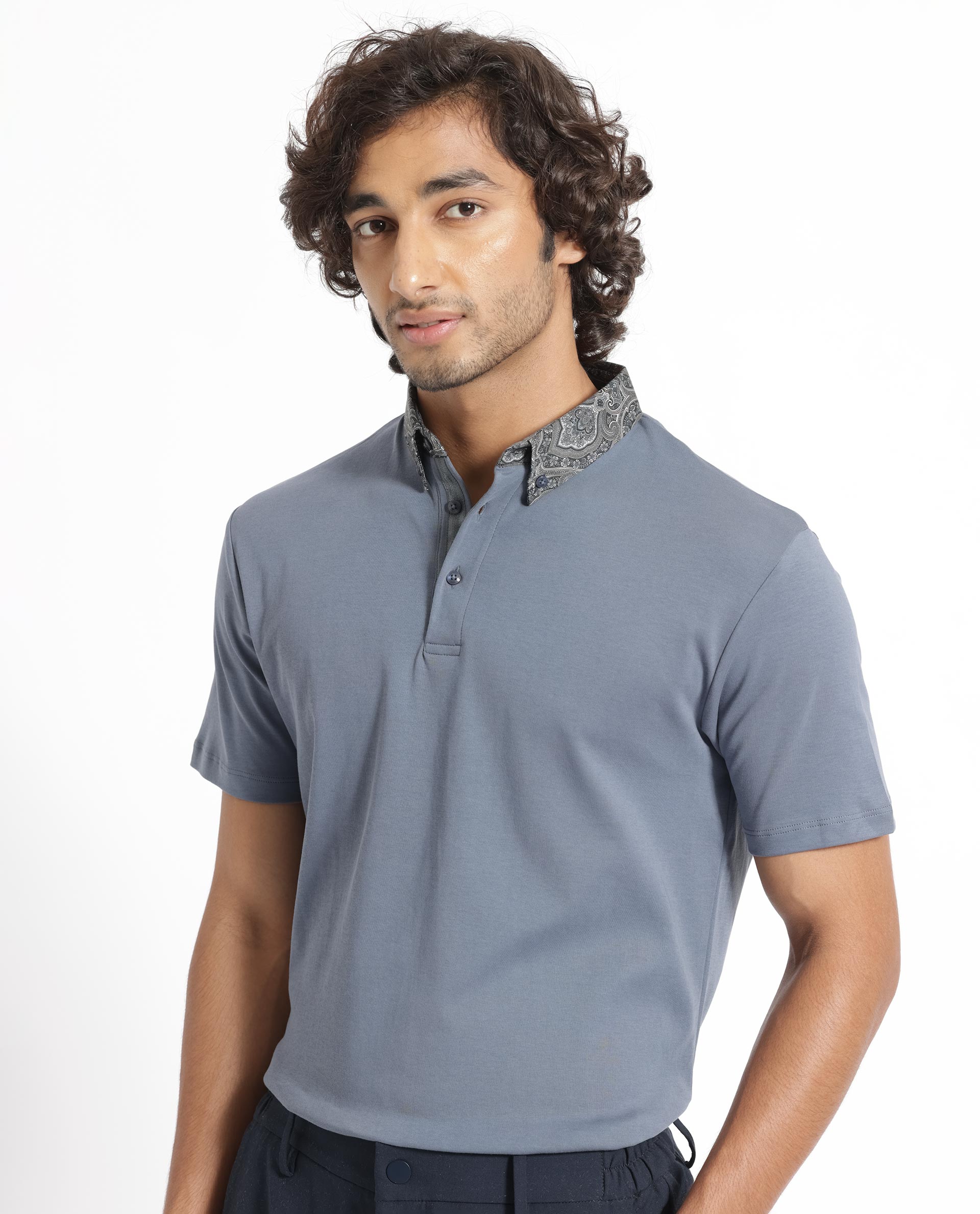 Rare Rabbit Men's Ringer-1 Grey Cotton Fabric Printed Collar Neck Half Sleeves Polo T-Shirt - view 4