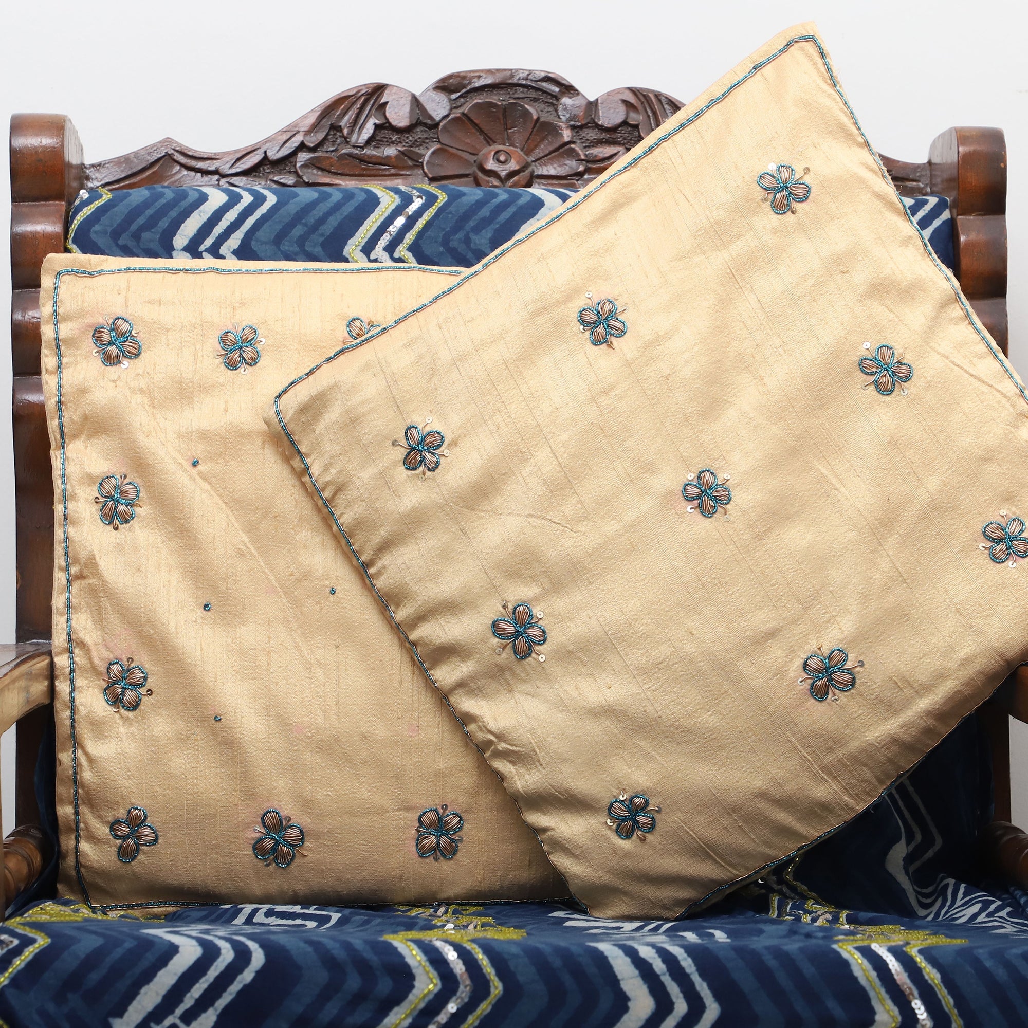 TICS Beige - Flower Butas - Zardozi Hand Embroidered Raw Silk Cushion Cover (Set of 2) - view 3