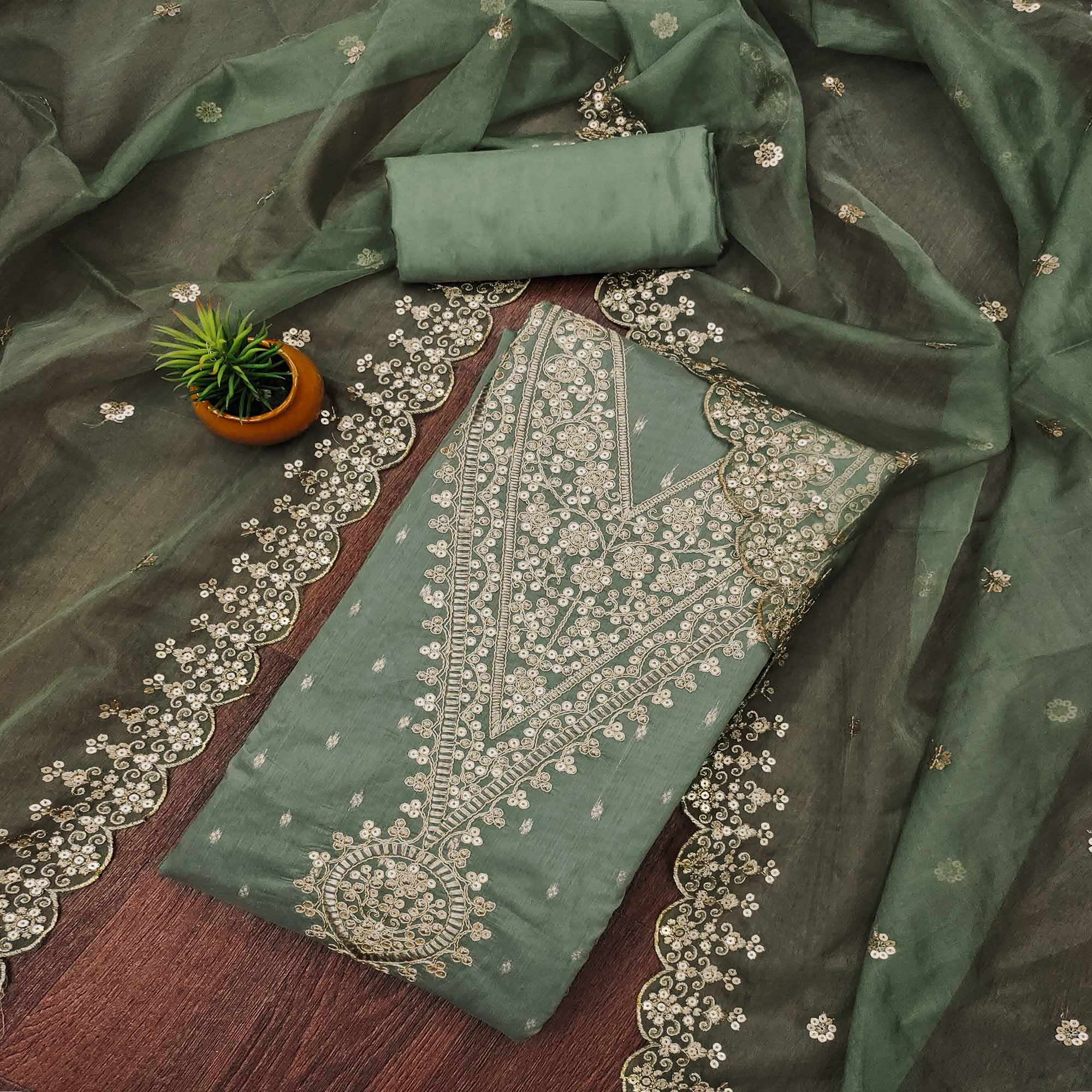 Green dress materials (unstitched) – BlackTree green-sequins-embroidered-with-woven-chanderi-dress-material