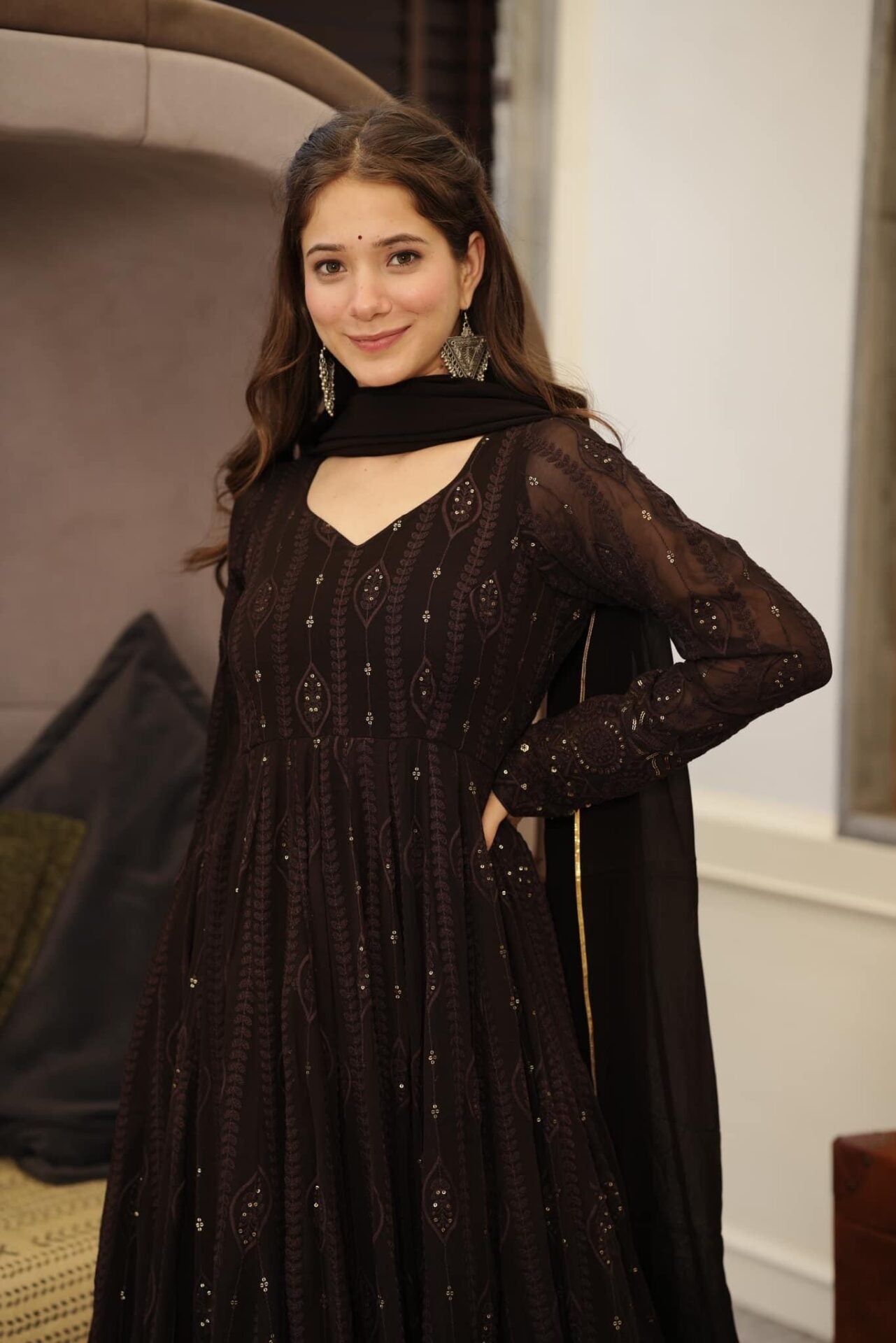 Idaho-o brown embroidered georgette suit set - view 7