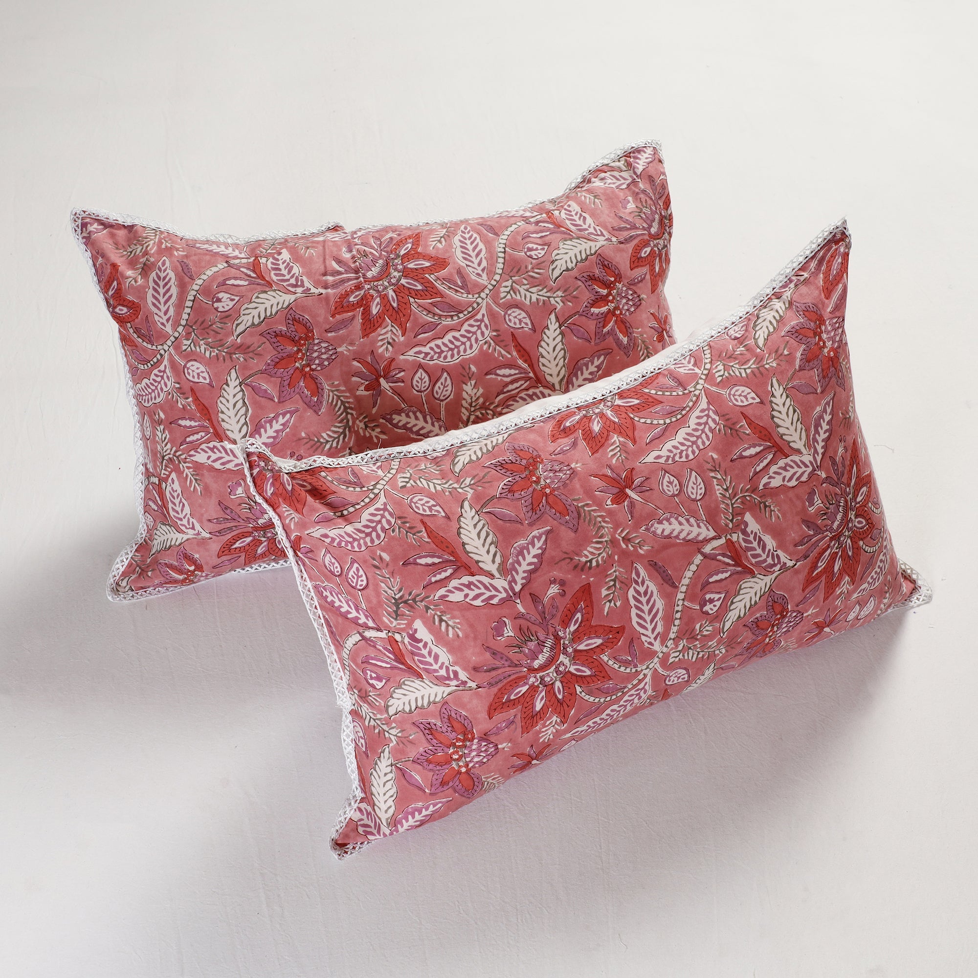 HAVELI CHRONICLES Sanganeri Block Printed Cotton Pillow Cover With Lace (26 x 16 in) - Set of 2