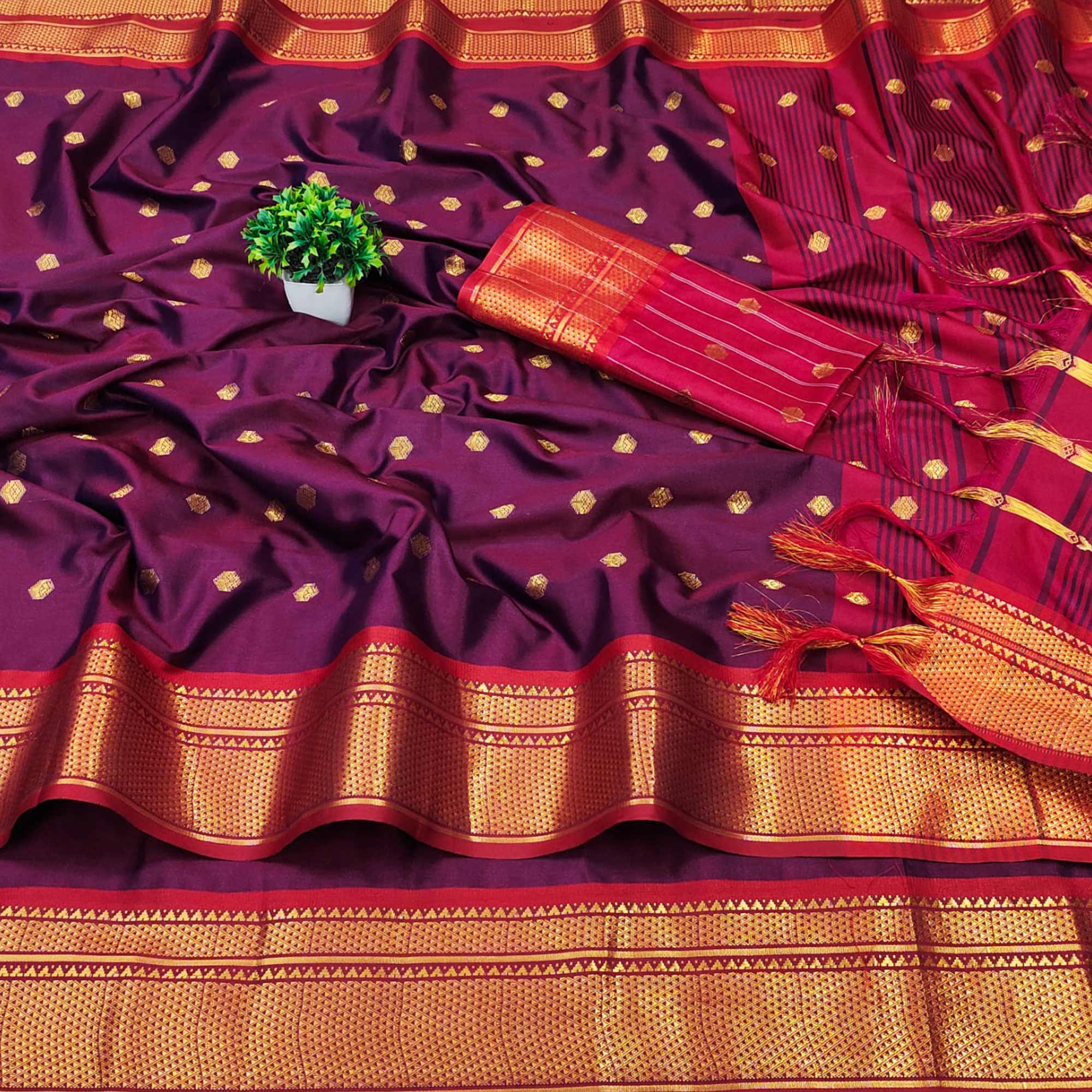 Peachmode Purple Zari Woven Lichi Art Silk Saree With Tassels - view 4