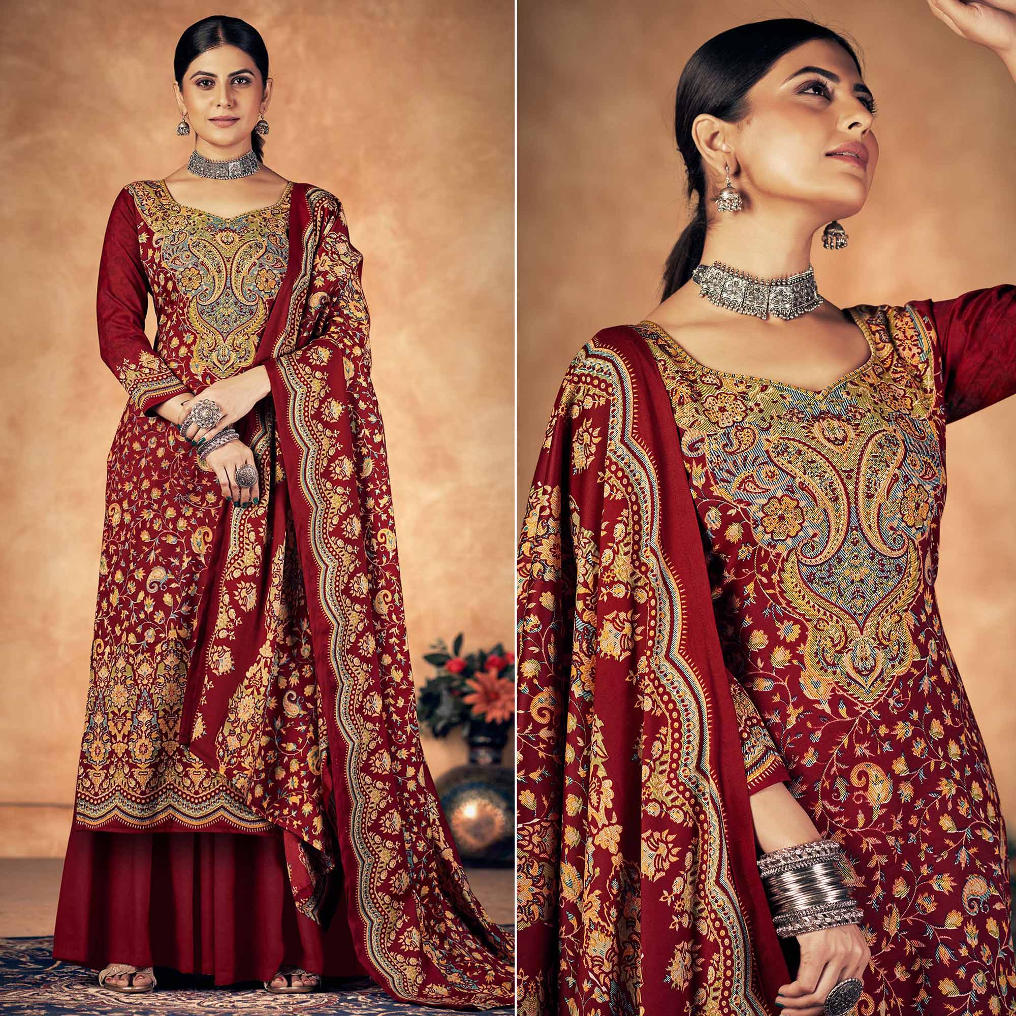 Peachmode Maroon Floral Printed Pashmina Woolen Suit
