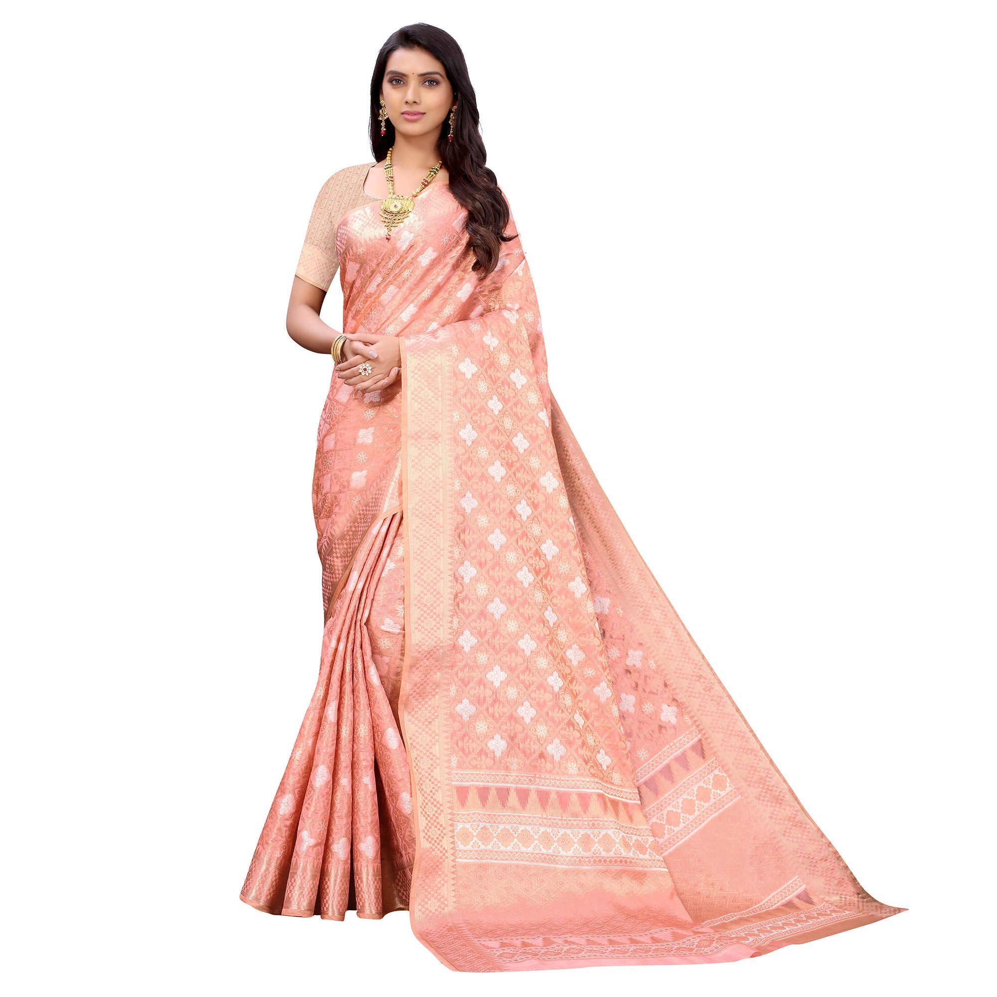 Peachmode Dark Peach Festive Wear Woven Silk Saree