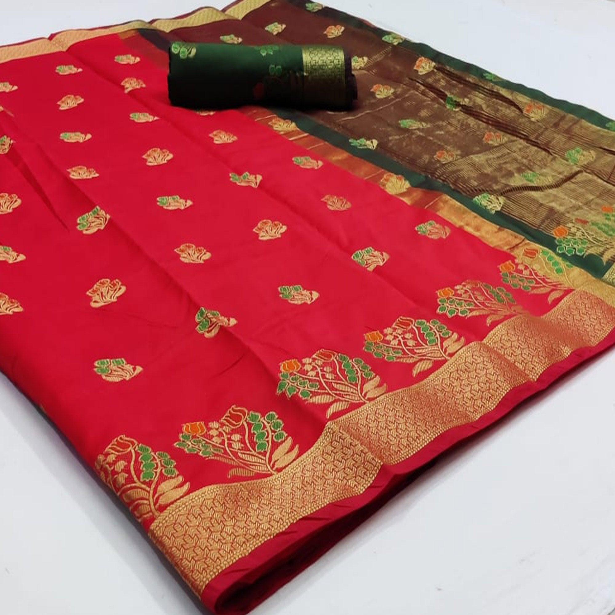 Peachmode Jazzy Red Colored Festive Wear Woven Soft Silk Saree